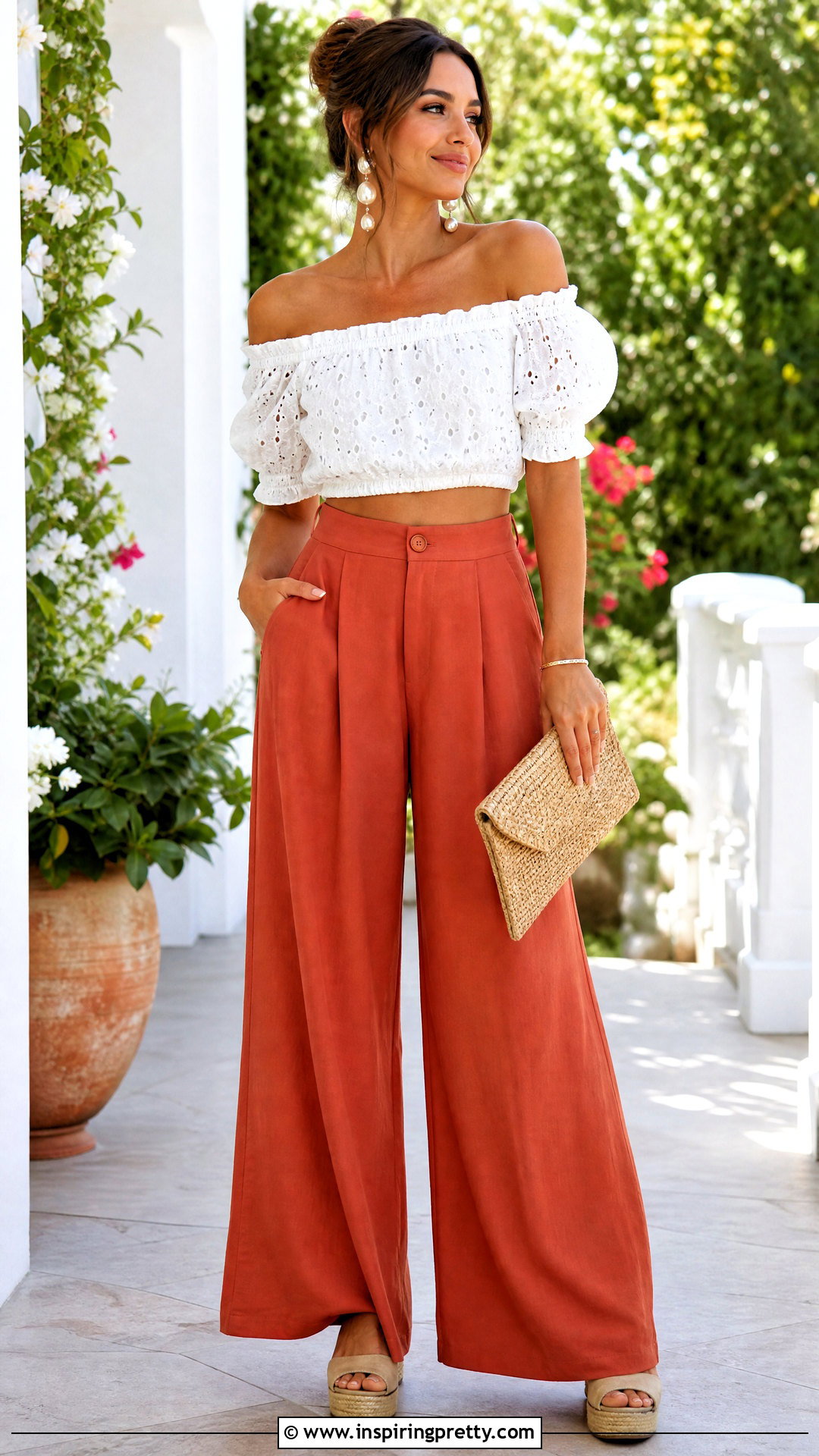 DIY Eyelet Off Shoulder Crop Top With Palazzo Pants - 25 diy off shoulder crop top outfit ideas