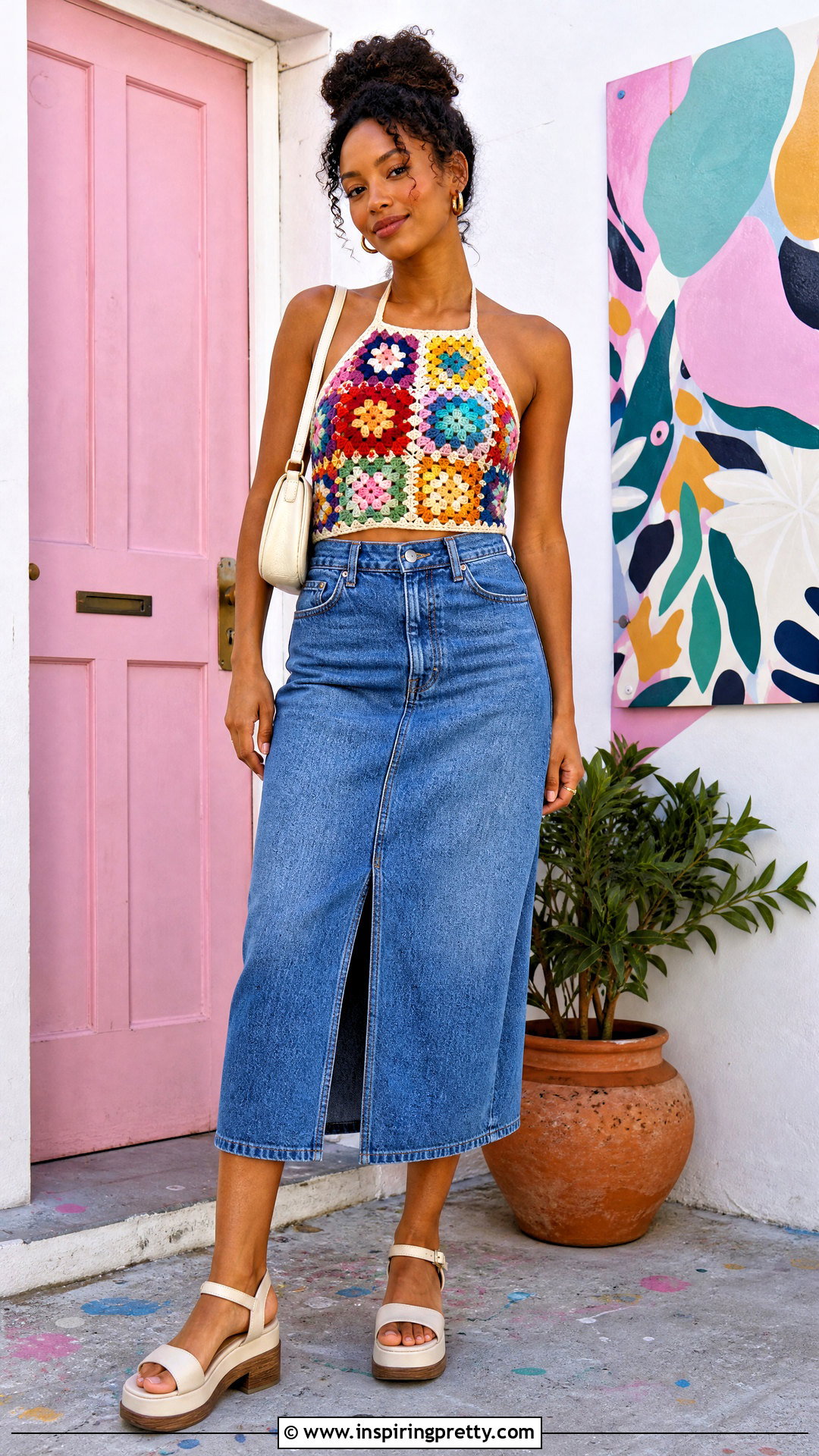 DIY Granny Square Halter Top With Denim Midi Skirt - 50 diy halter top outfit ideas