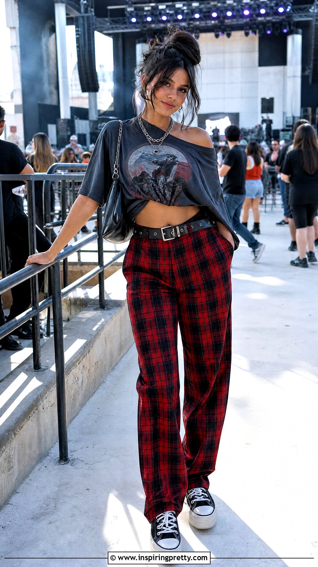DIY Graphic Off Shoulder Crop Top With Plaid Pants - 25 diy off shoulder crop top outfit ideas