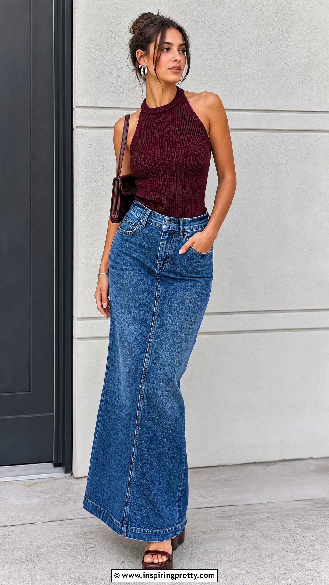 DIY Knit Halter Top With Maxi Denim Skirt - 50 diy halter top outfit ideas