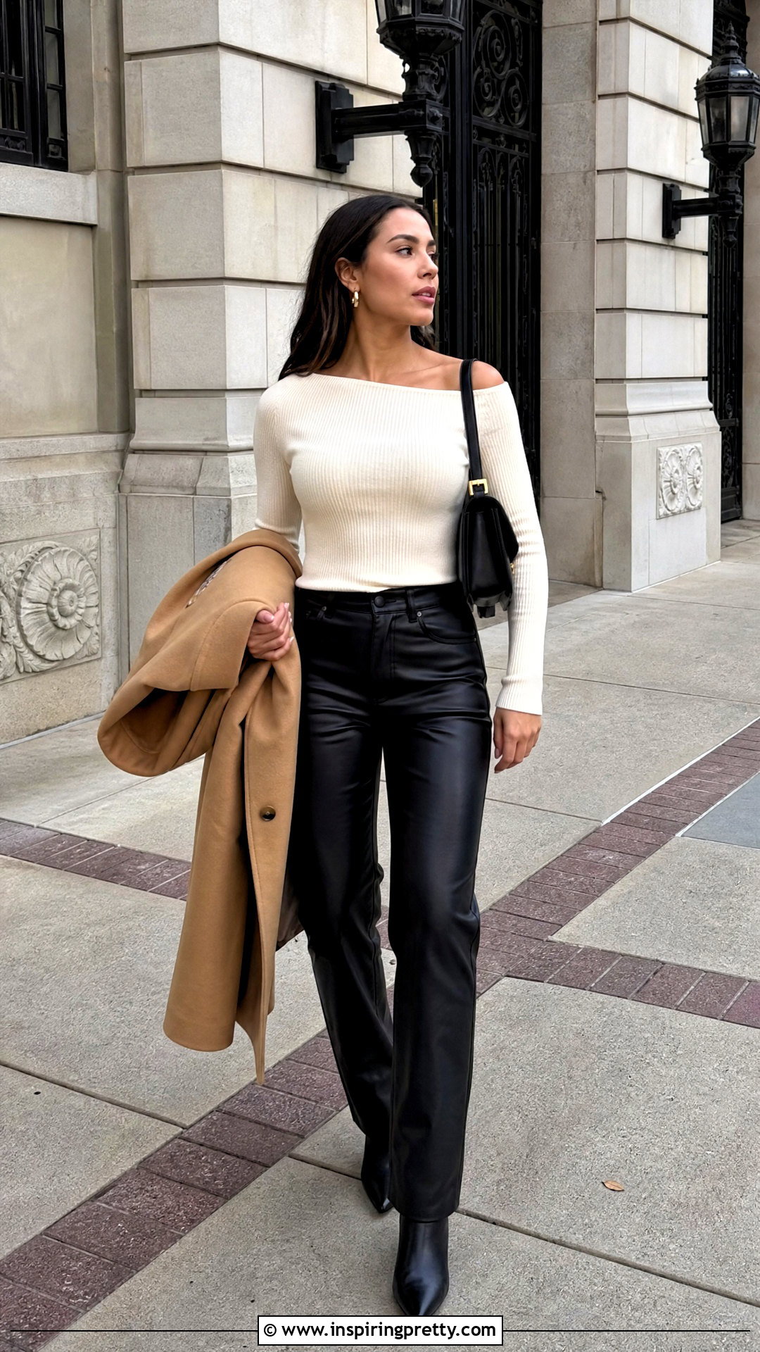 DIY Long Sleeve Off Shoulder Top With Leather Pants - 20 Diy Off Shoulder Top outfit ideas