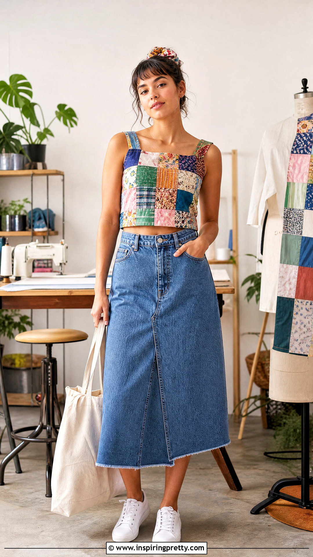 DIY Patchwork Crop Top With A Denim Skirt - 20 diy crop tops outfit ideas