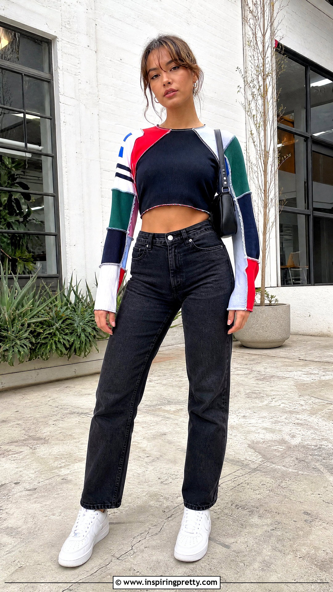 DIY Patchwork Crop Top With Black Jeans - 20 diy crop top long sleeve outfit ideas
