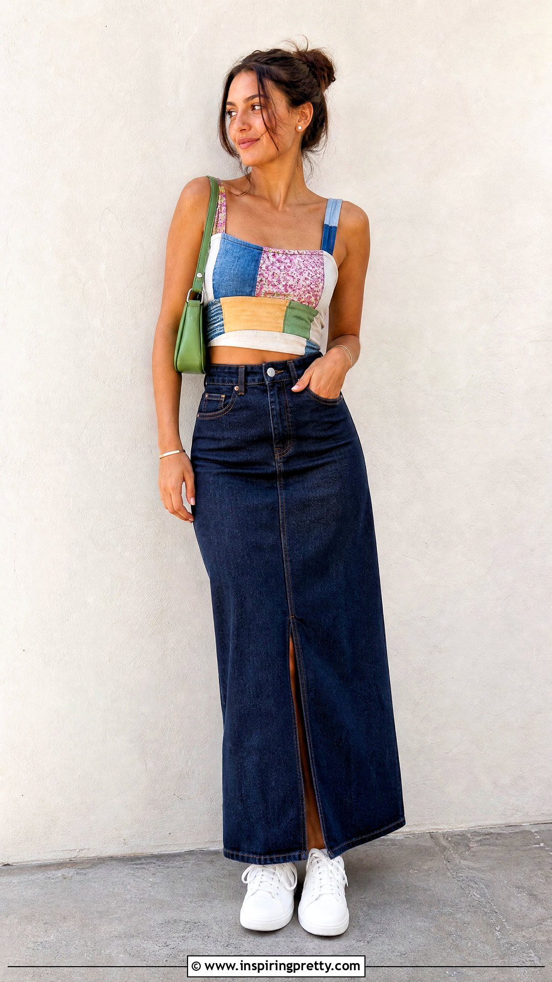 DIY Patchwork Crop Top With a Denim Maxi Skirt - 50 diy crop top outfit ideas