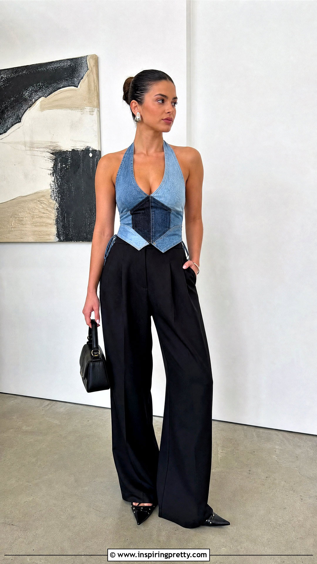 DIY Patchwork Denim Halter Top With Black Pants - 20 denim halter top diy outfit ideas