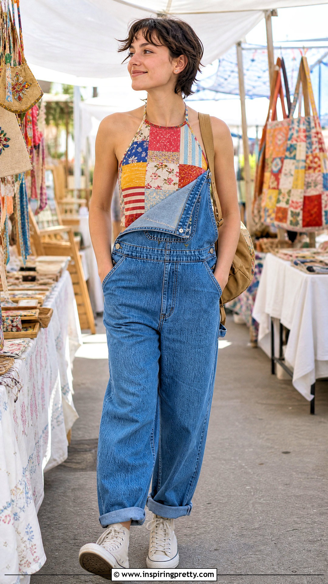 DIY Patchwork Halter Neck Top With Overalls - 20 diy halter neck top outfit ideas