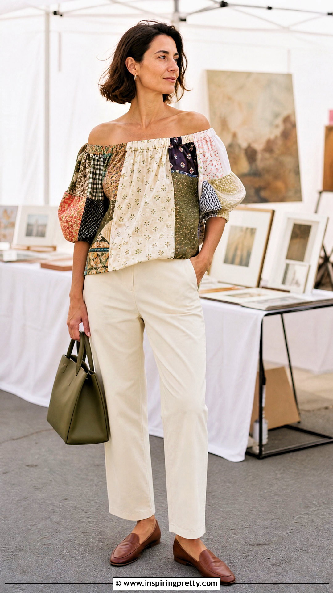 DIY Patchwork Off Shoulder Top With Neutral Trousers - 20 Diy Off Shoulder Top outfit ideas