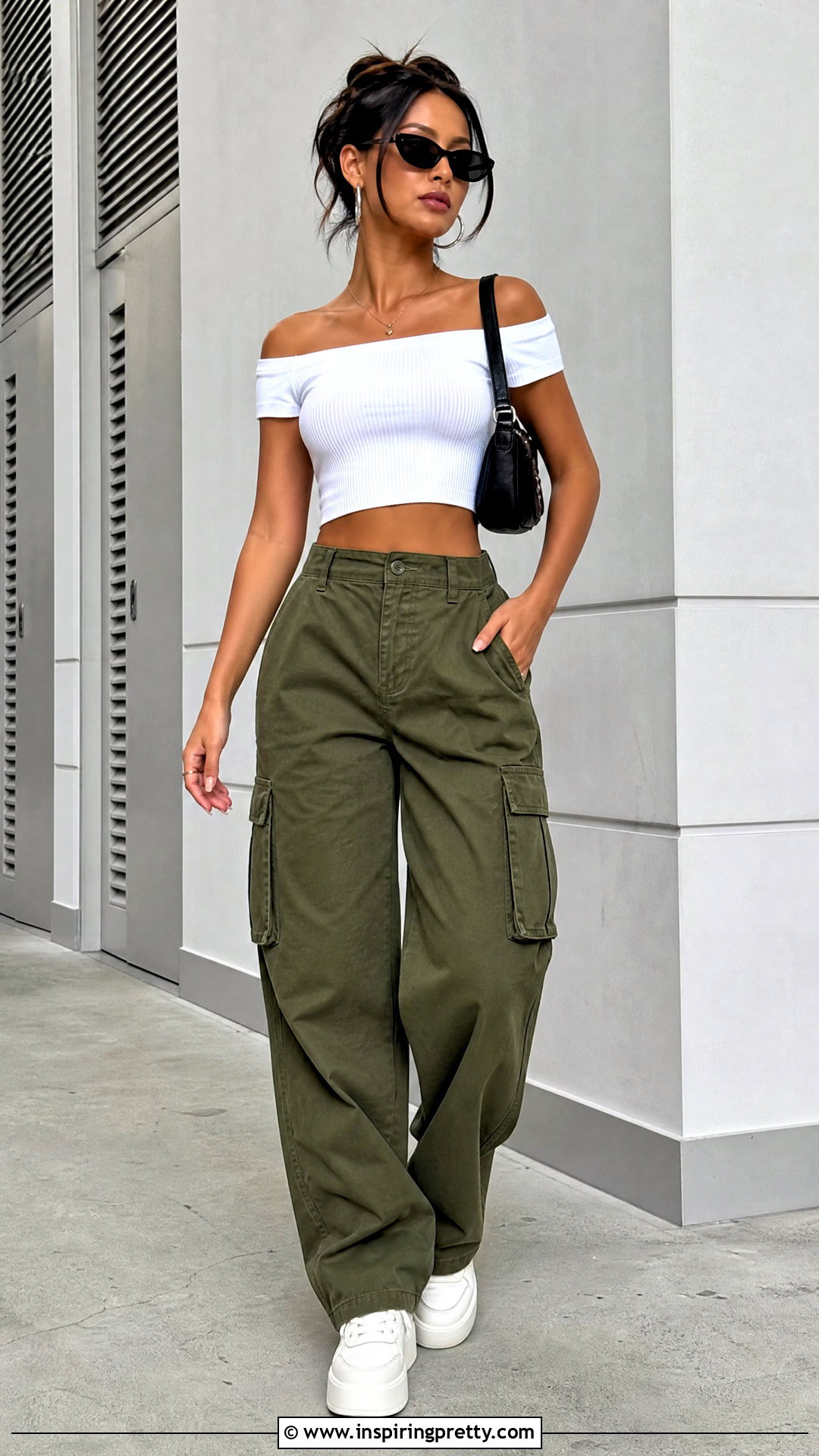 DIY Ribbed Off Shoulder Crop Top With Cargo Pants - 25 diy off shoulder crop top outfit ideas