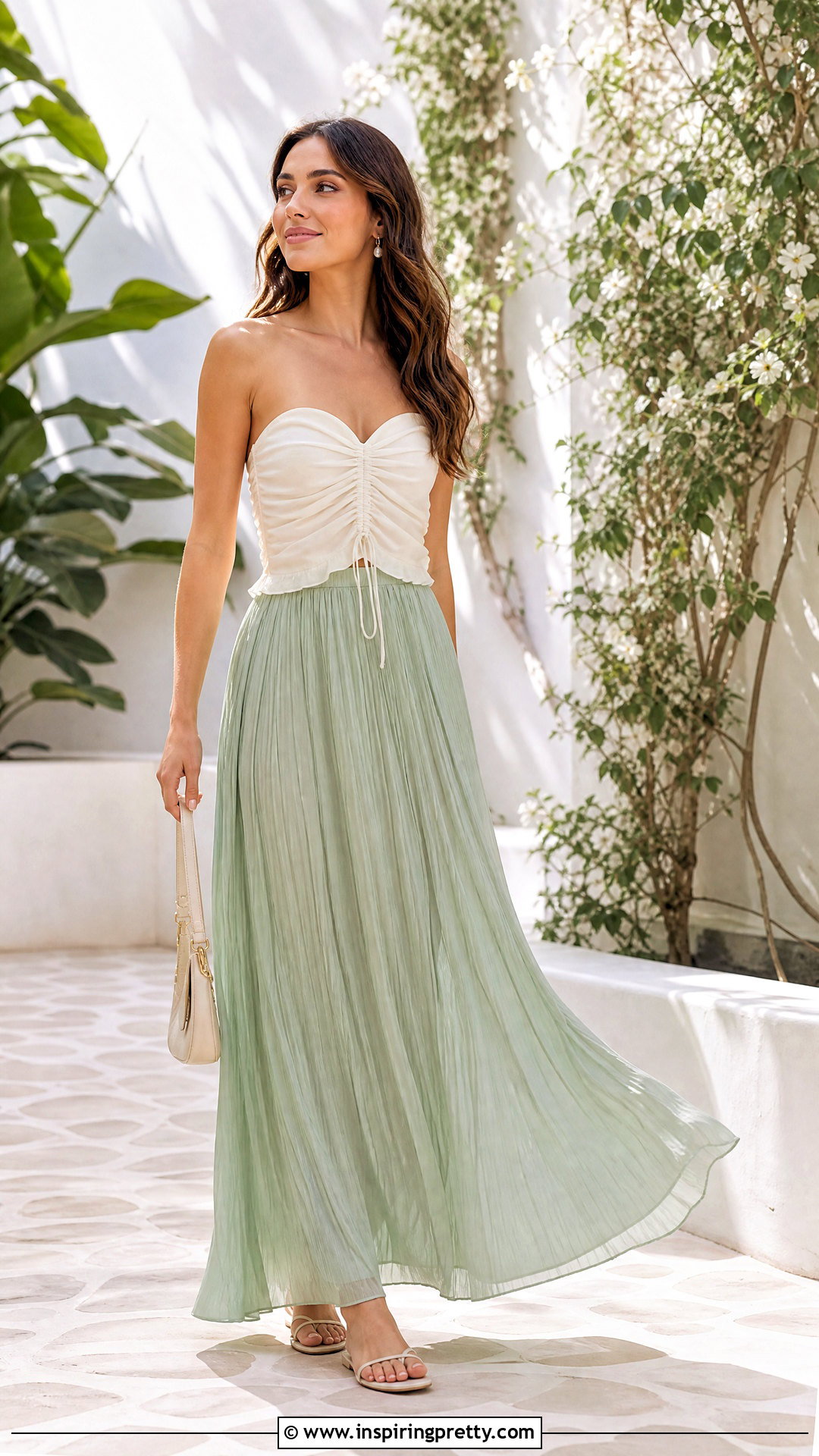 DIY Ruched Sweetheart Top With Pleated Maxi Skirt - 25 diy sweetheart neckline top outfit ideas