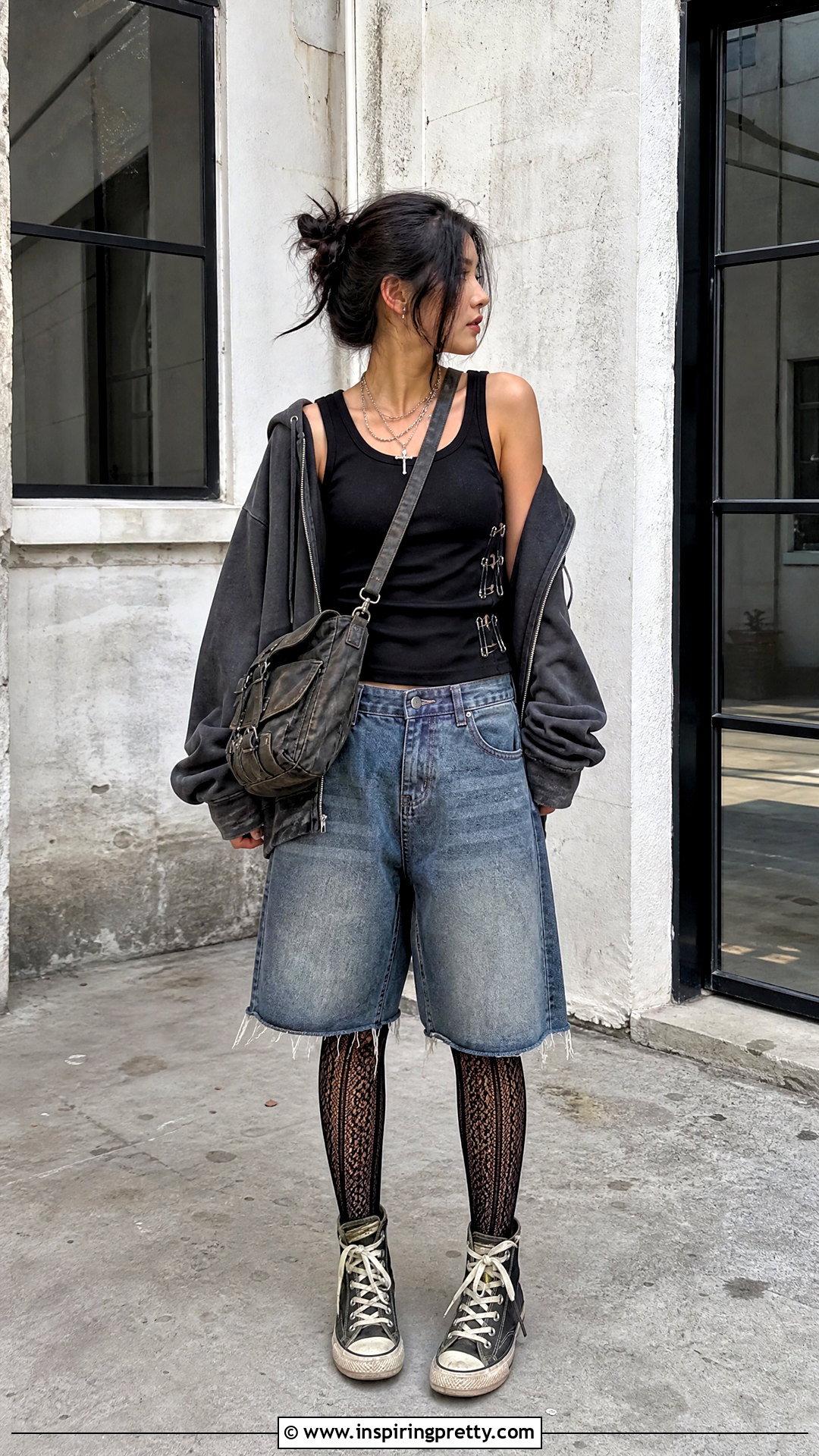 DIY Safety Pin Grunge Tank Top With Denim Shorts - 20 diy grunge tank top outfit ideas