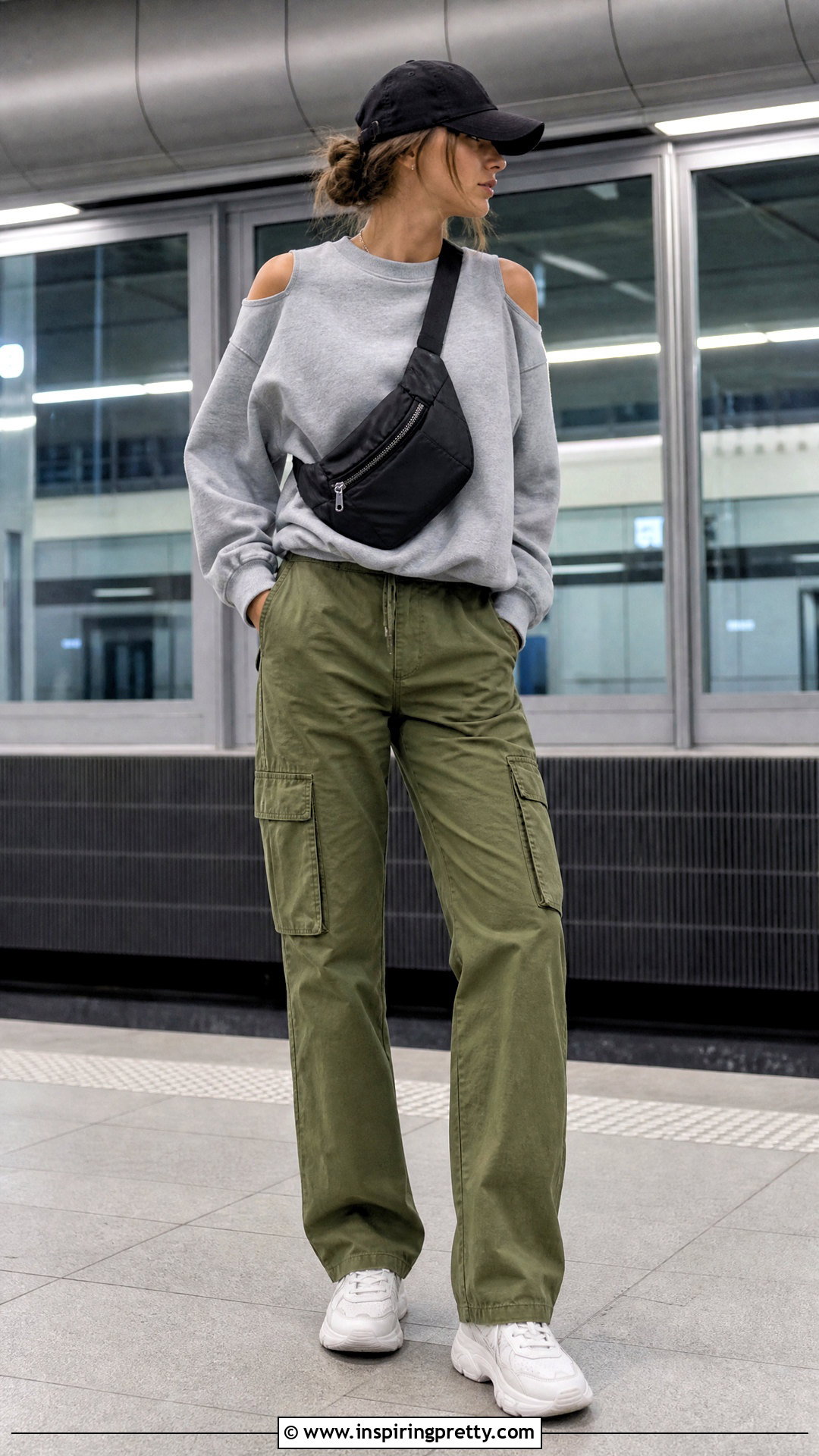 DIY Shoulder Cutout Sweatshirt With Cargo Pants - 20 diy cutout top outfit ideas