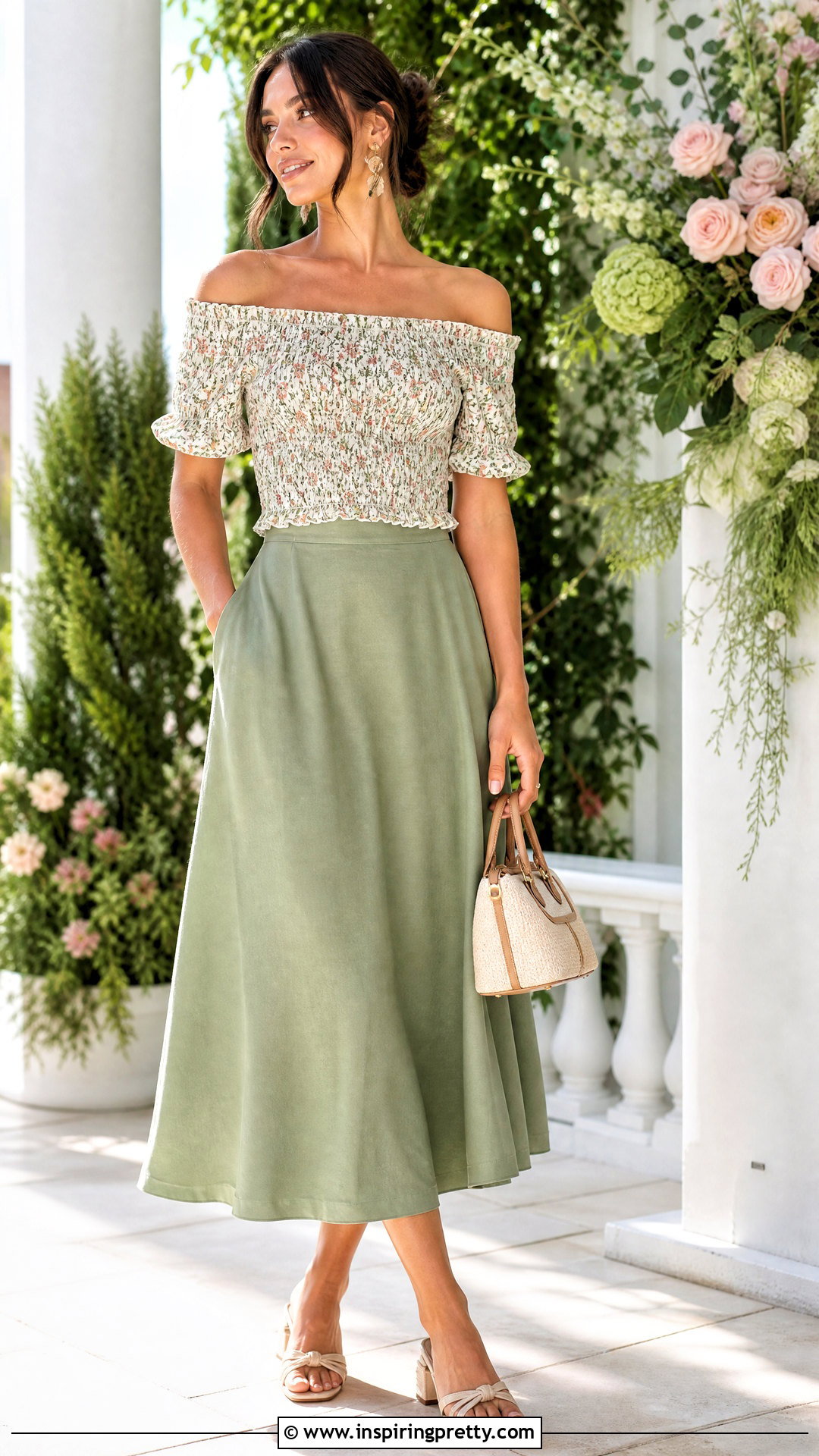 DIY Smocked Off Shoulder Top With Midi Skirt - 20 Diy Off Shoulder Top outfit ideas
