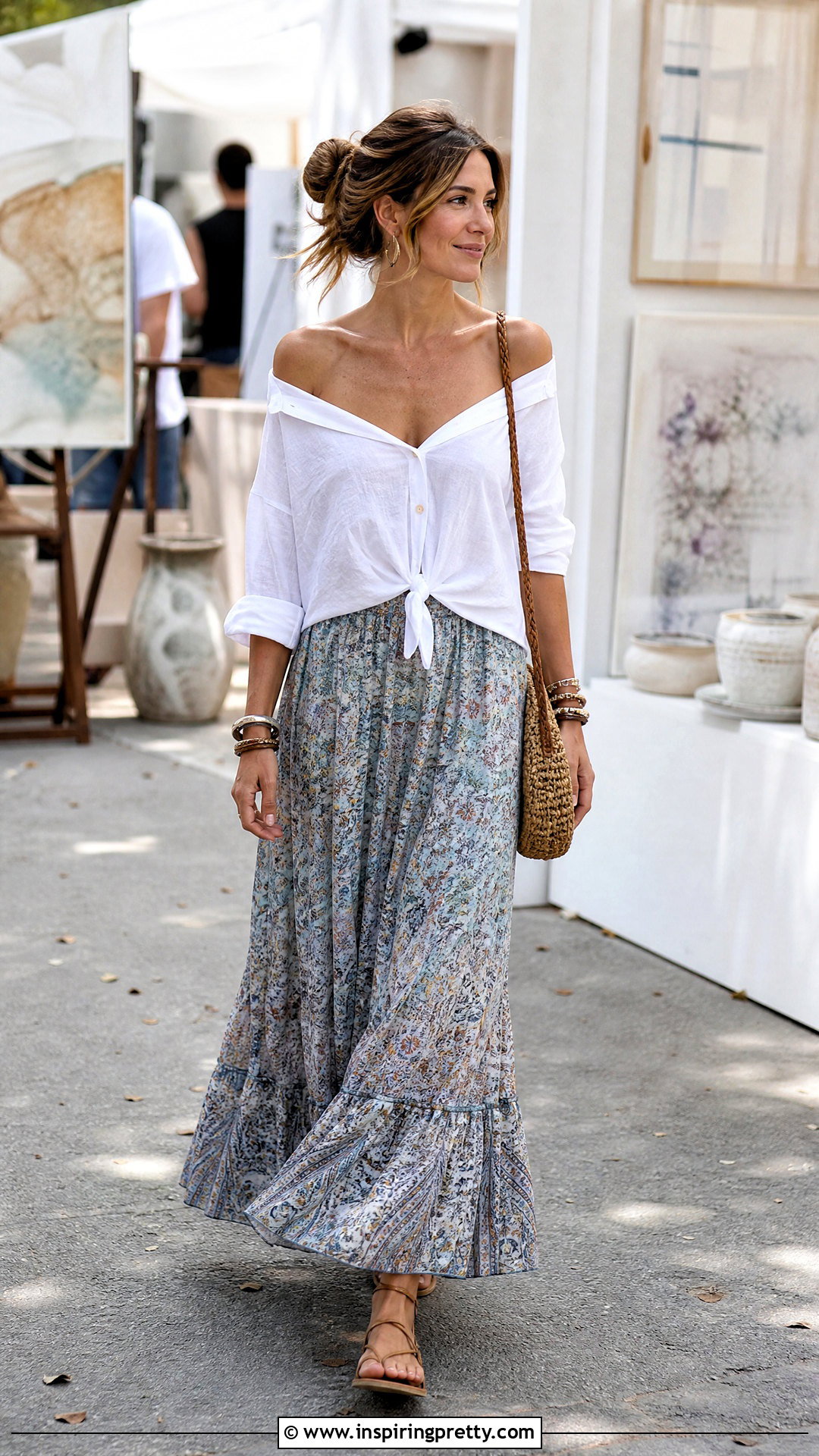 DIY Tie Front Off Shoulder Top With Maxi Skirt - 20 Diy Off Shoulder Top outfit ideas