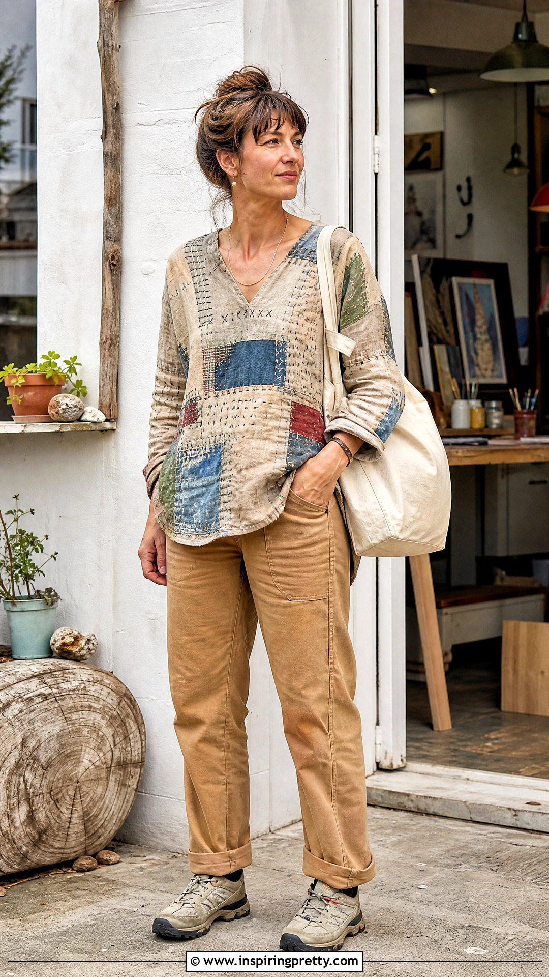 DIY Visible Mending Top With Workwear Pants - 50 diy tops outfit ideas