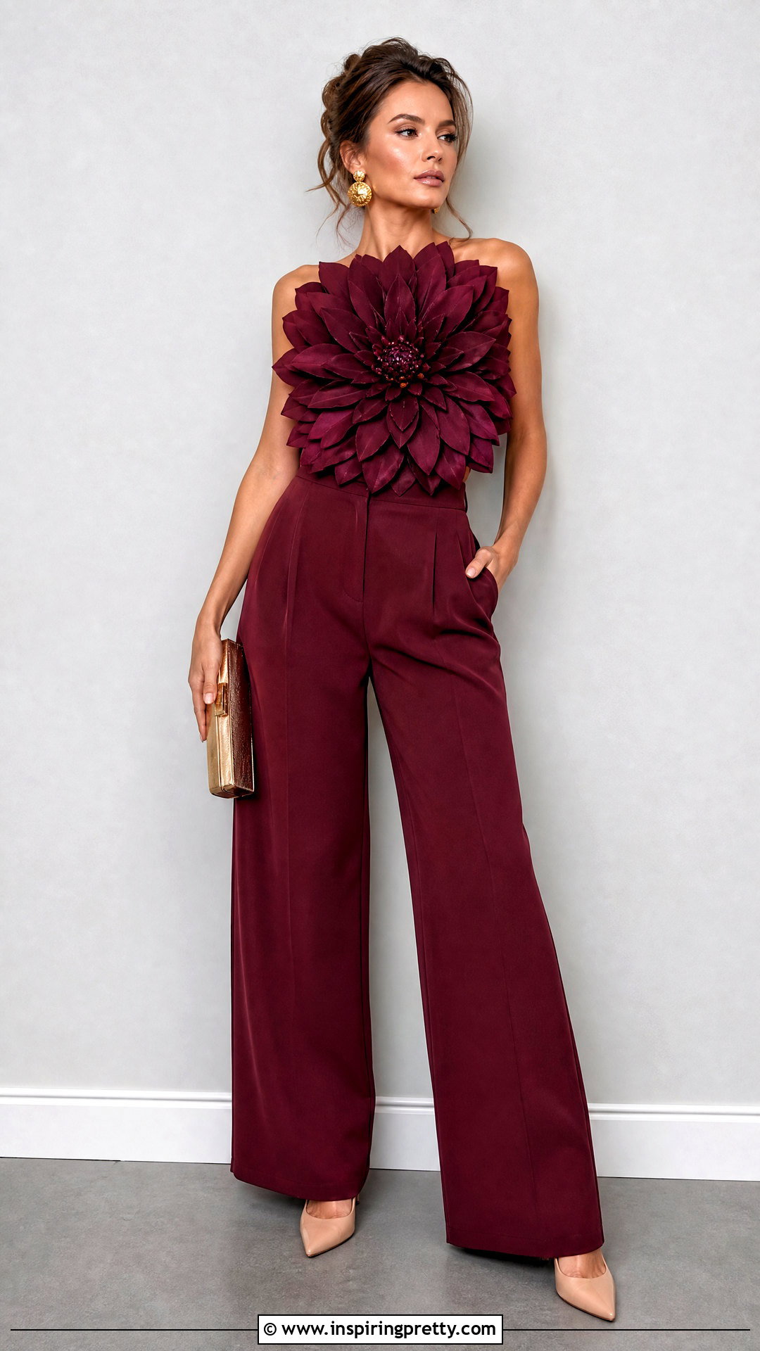 Dahlia Flower Top With Burgundy Trousers - 50 flower top photoshoot ideas