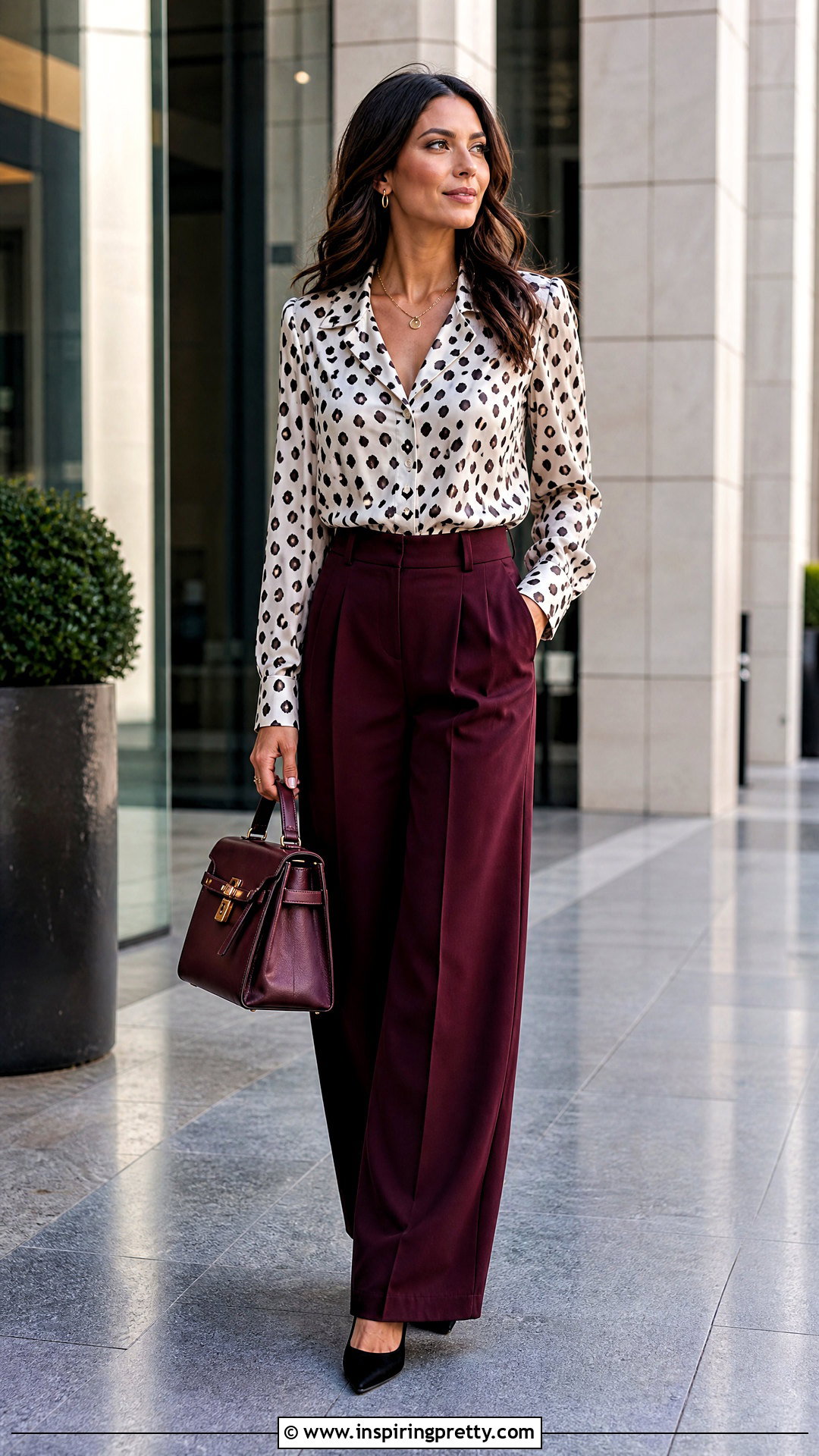 Dalmatian Print Top With Burgundy Trousers - 25 dalmatian print top outfit ideas