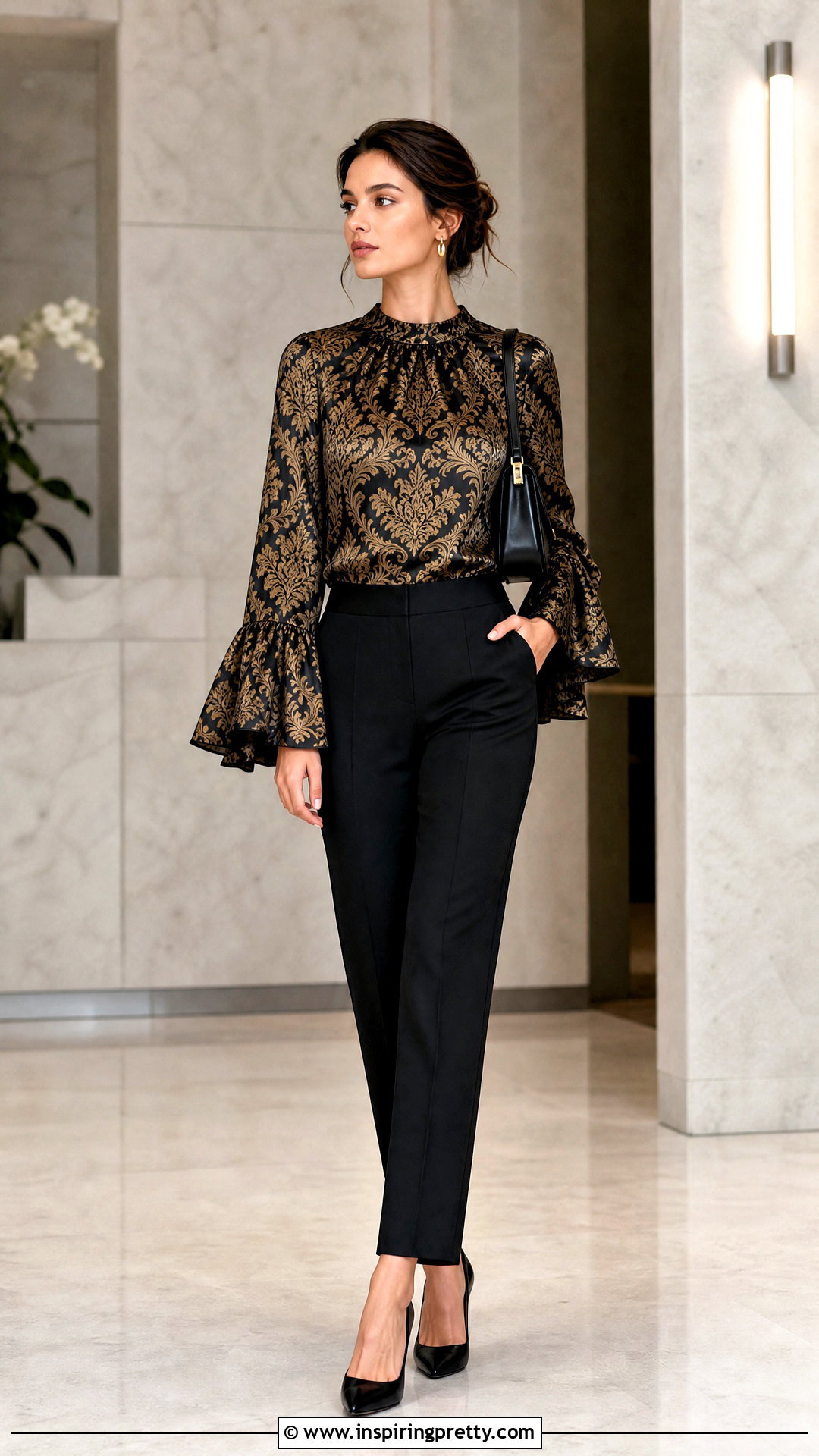 Damask Bell Sleeve Top With Black Trousers - 50 damask top styles