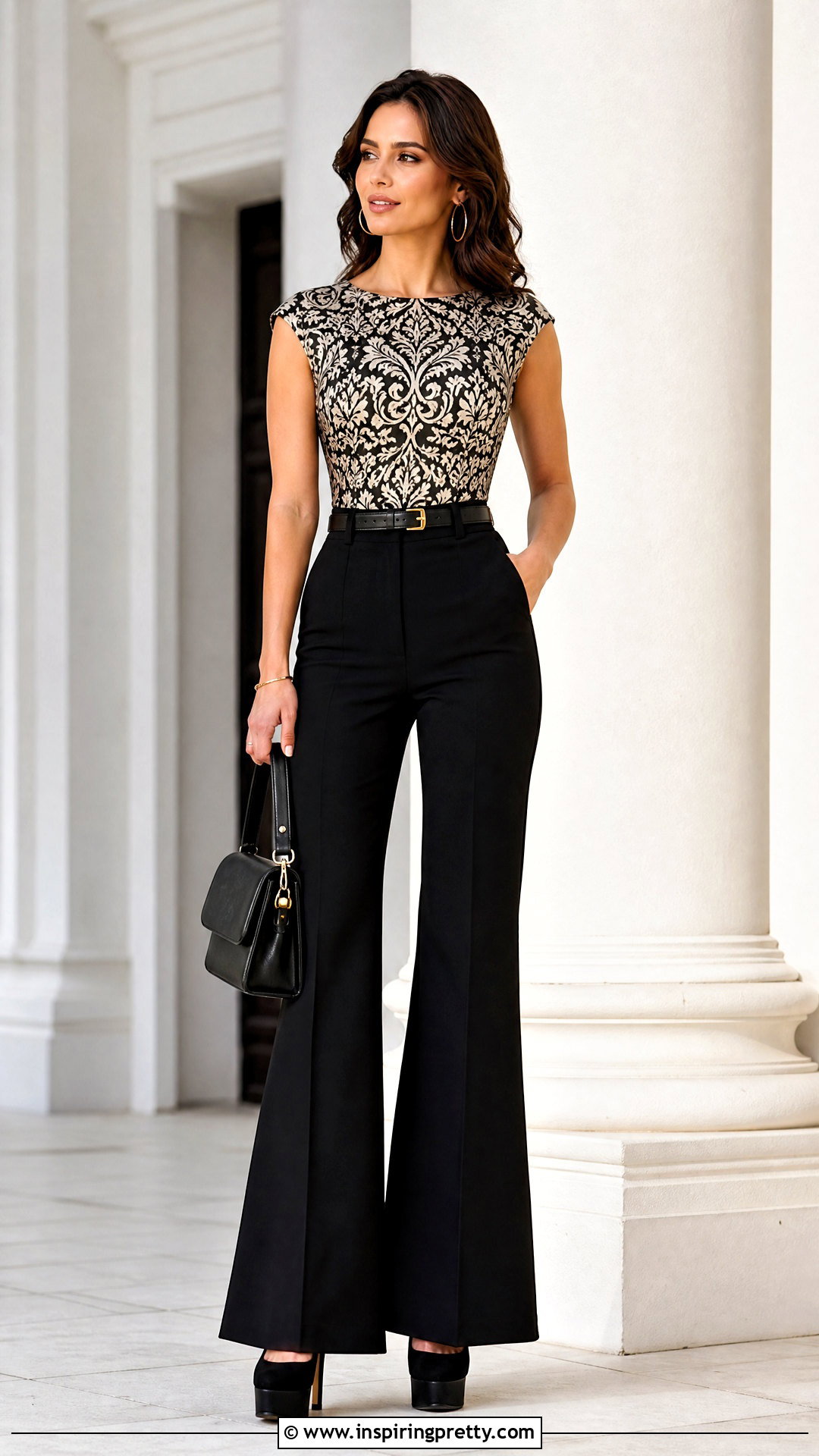 Damask Cap Sleeve Top With Flared Trousers - 50 damask top styles