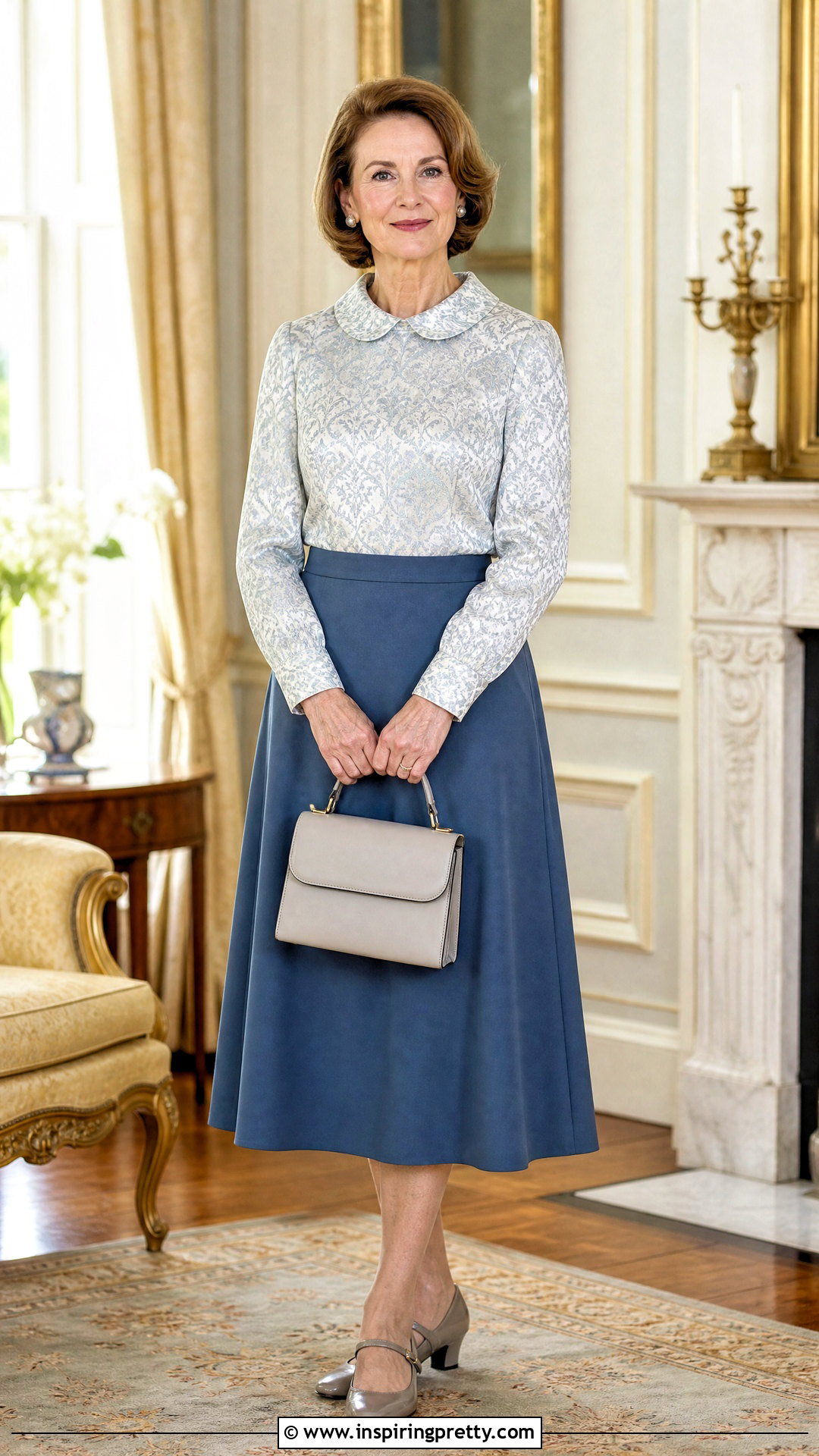 Damask Peter Pan Collar Top With Midi Skirt - 50 damask top styles