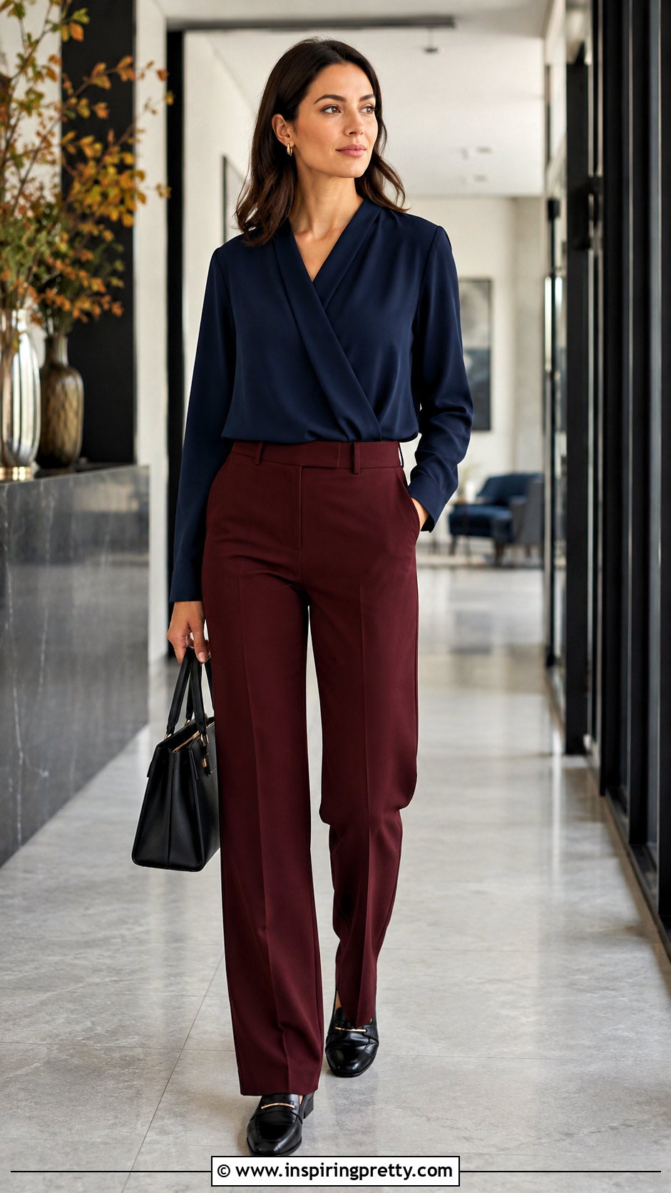 Dark Blue Top With Burgundy Pants - 50 dark blue top outfit ideas