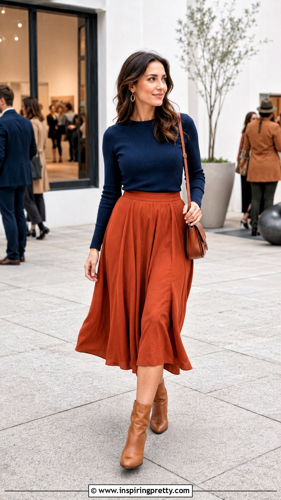 Dark Blue Top With Rust Midi Skirt - 50 dark blue top outfit ideas