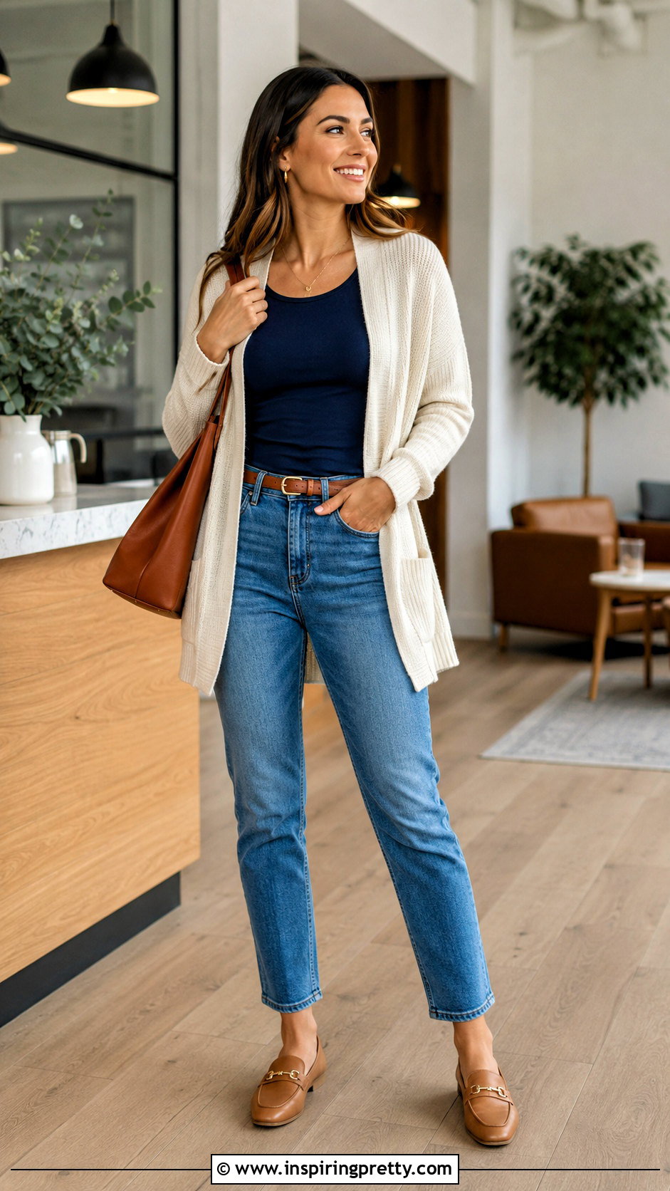Dark Blue Top With a Cream Cardigan - 50 dark blue top outfit ideas