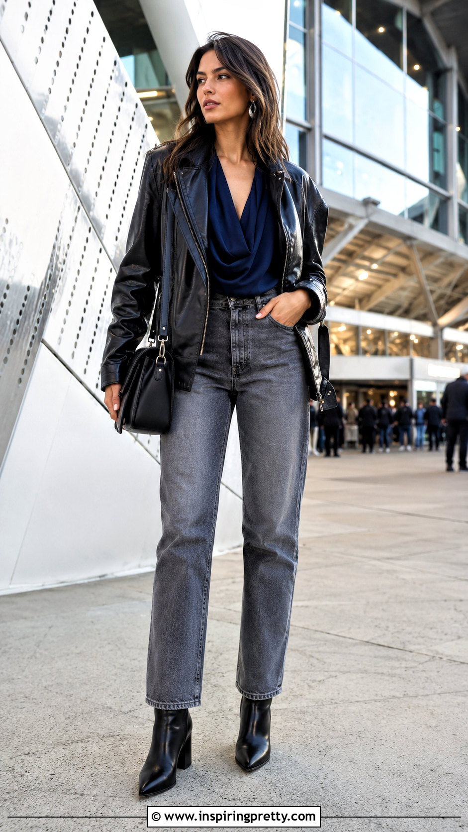 Dark Blue Top With a Leather Jacket - 50 dark blue top outfit ideas
