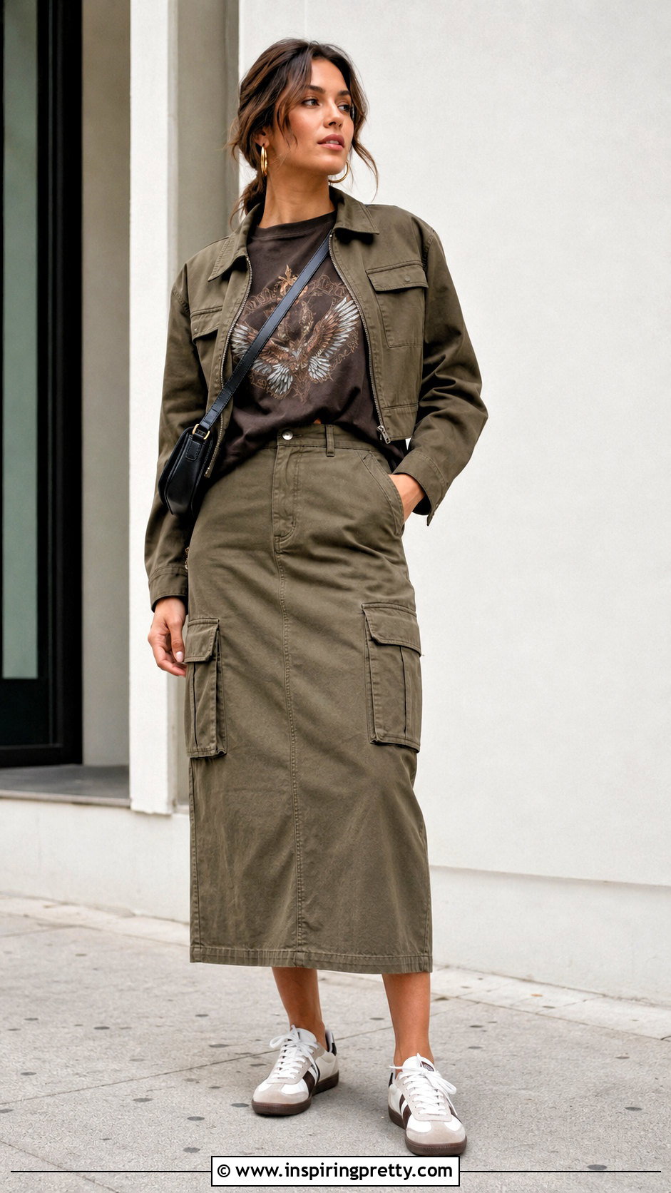 Dark Brown Graphic Tee With Cargo Skirt - 50 dark brown top outfit ideas