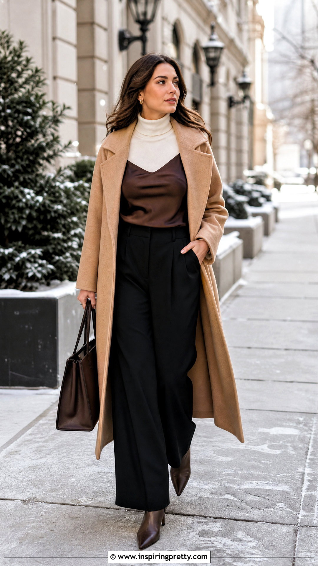 Dark Brown Satin Top Over A Turtleneck With Wide Leg Pants - 25 dark brown satin top outfit ideas