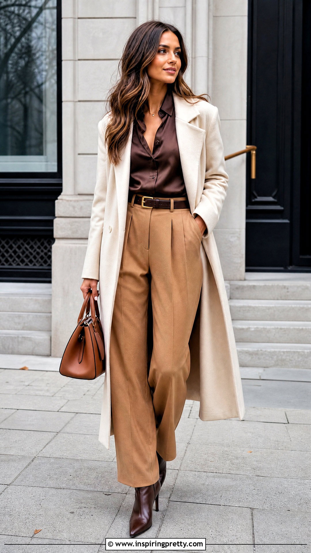 Dark Brown Satin Top With Camel Trousers And Ankle Boots - 25 dark brown satin top outfit ideas