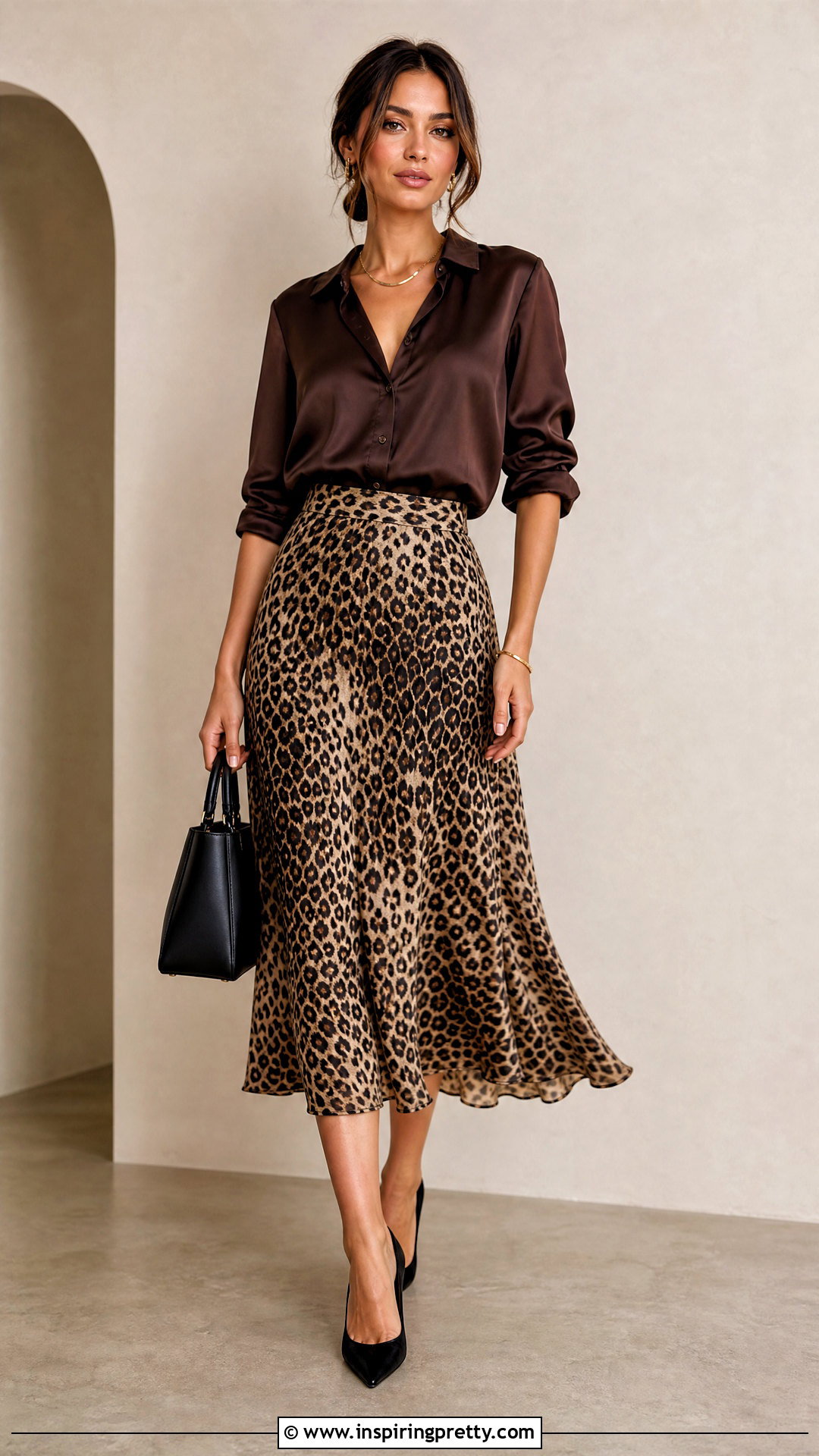 Dark Brown Satin Top With Leopard Midi Skirt And Black Heels - 25 dark brown satin top outfit ideas