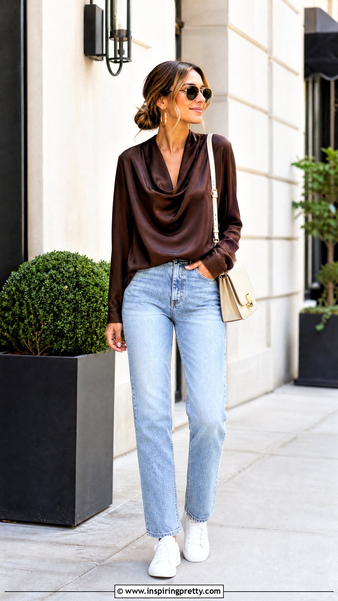 Dark Brown Satin Top With Light Wash Jeans And White Sneakers - 25 dark brown satin top outfit ideas