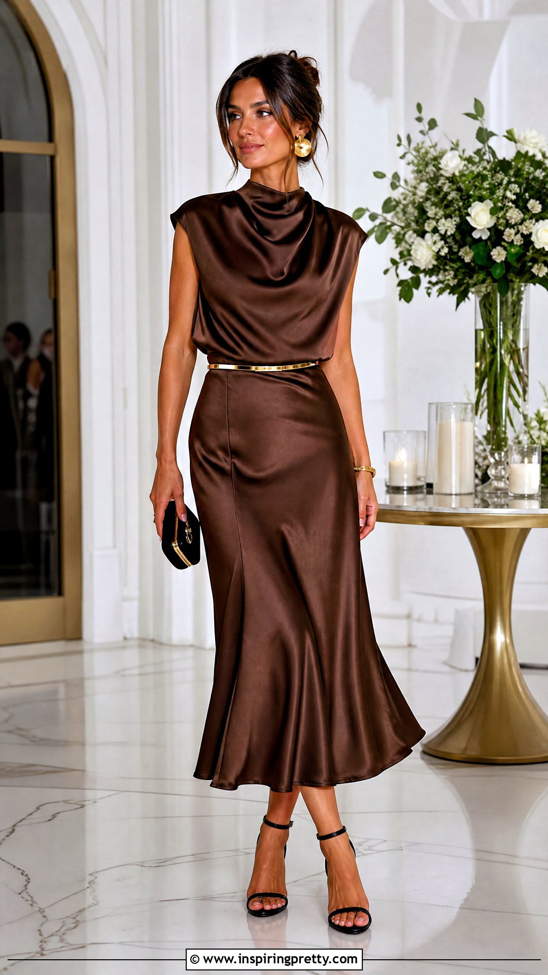 Dark Brown Satin Top With Matching Satin Skirt And Strappy Heels - 25 dark brown satin top outfit ideas