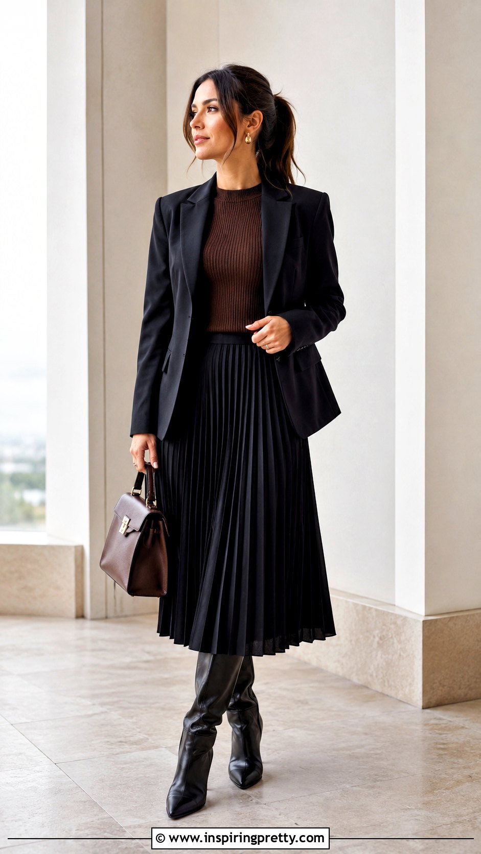 Dark Brown Top With Black Blazer And Midi Skirt - 50 dark brown top outfit ideas