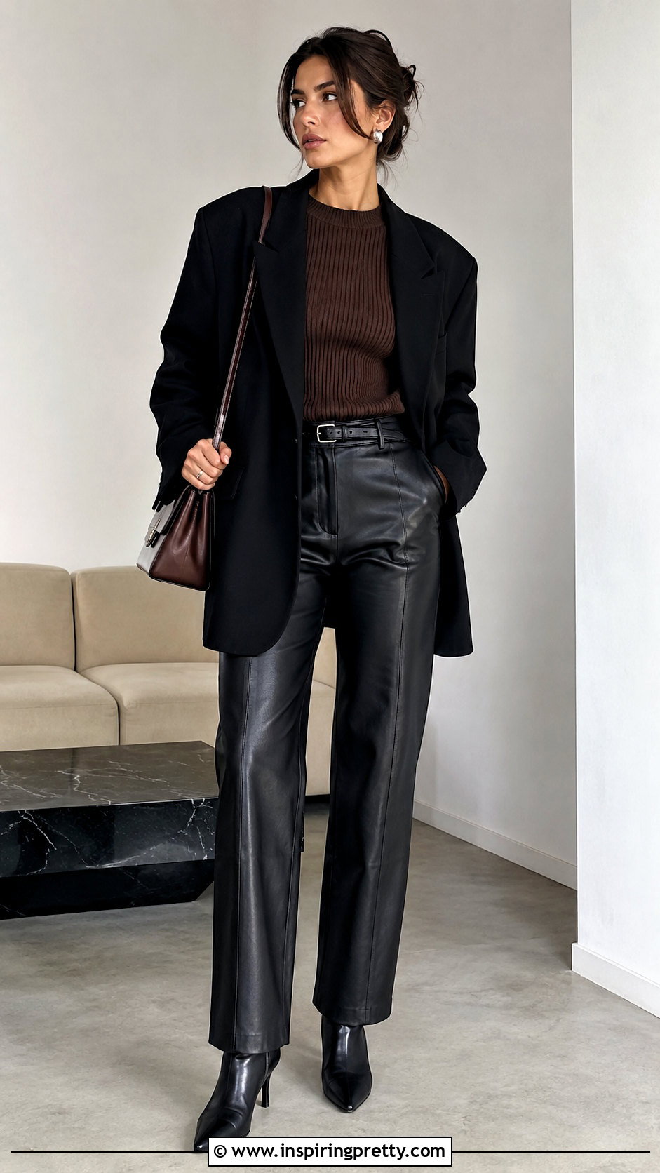 Dark Brown Top With Black Leather Pants - 50 dark brown top outfit ideas