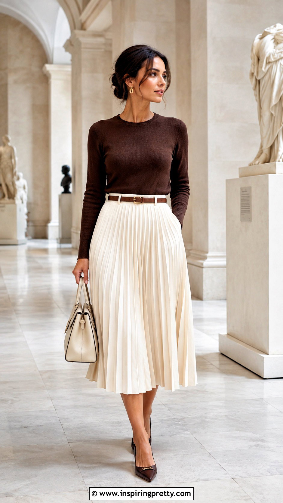 Dark Brown Top With Cream Pleated Skirt - 50 dark brown top outfit ideas