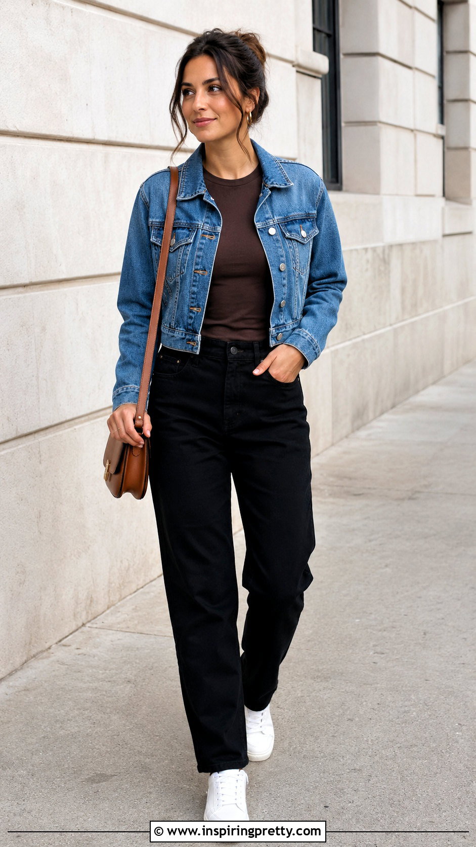 Dark Brown Top With Denim Jacket And Black Pants - 50 dark brown top outfit ideas