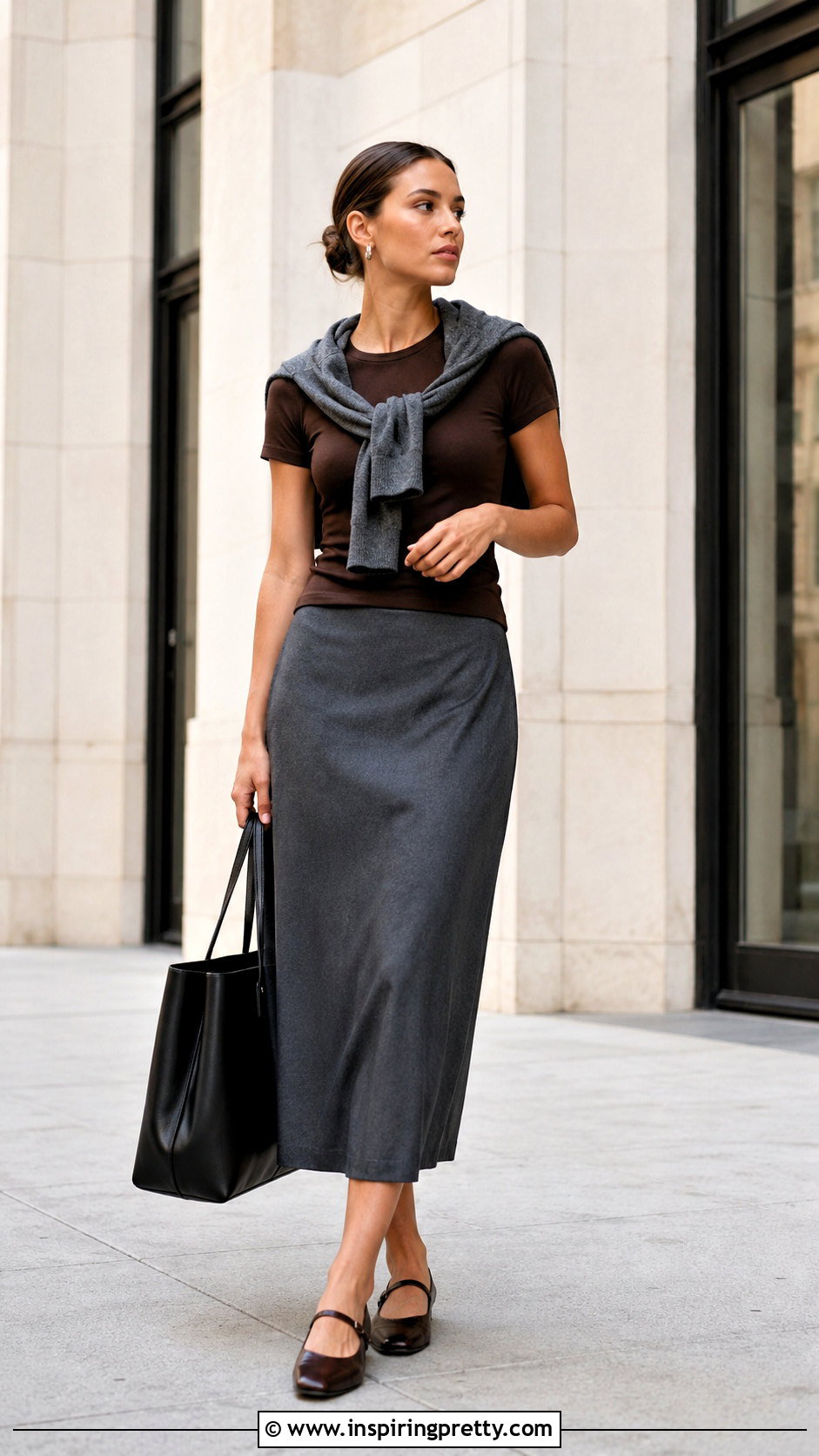 Dark Brown Top With Gray Midi Skirt - 50 dark brown top outfit ideas