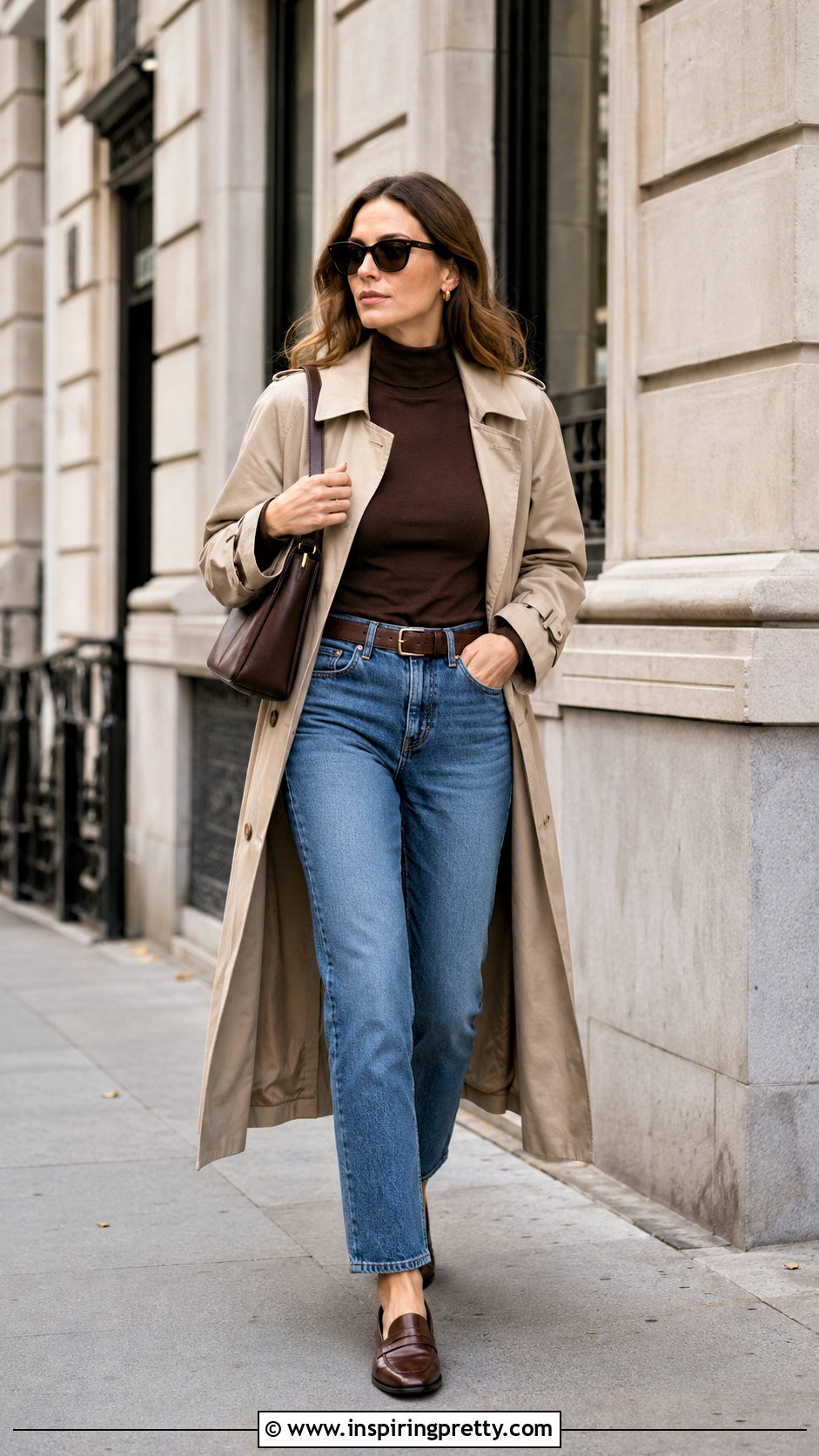 Dark Brown Top With Trench Coat And Jeans - 50 dark brown top outfit ideas
