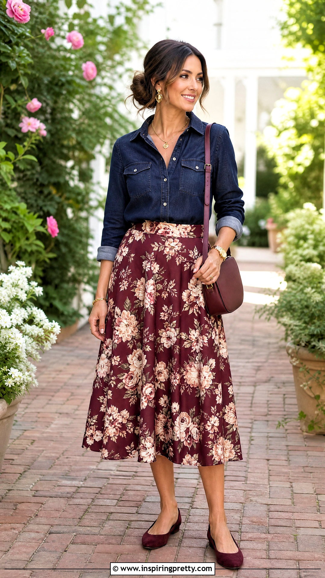 Dark Denim Blouse With Floral Midi Skirt - 50 dark denim top outfit ideas