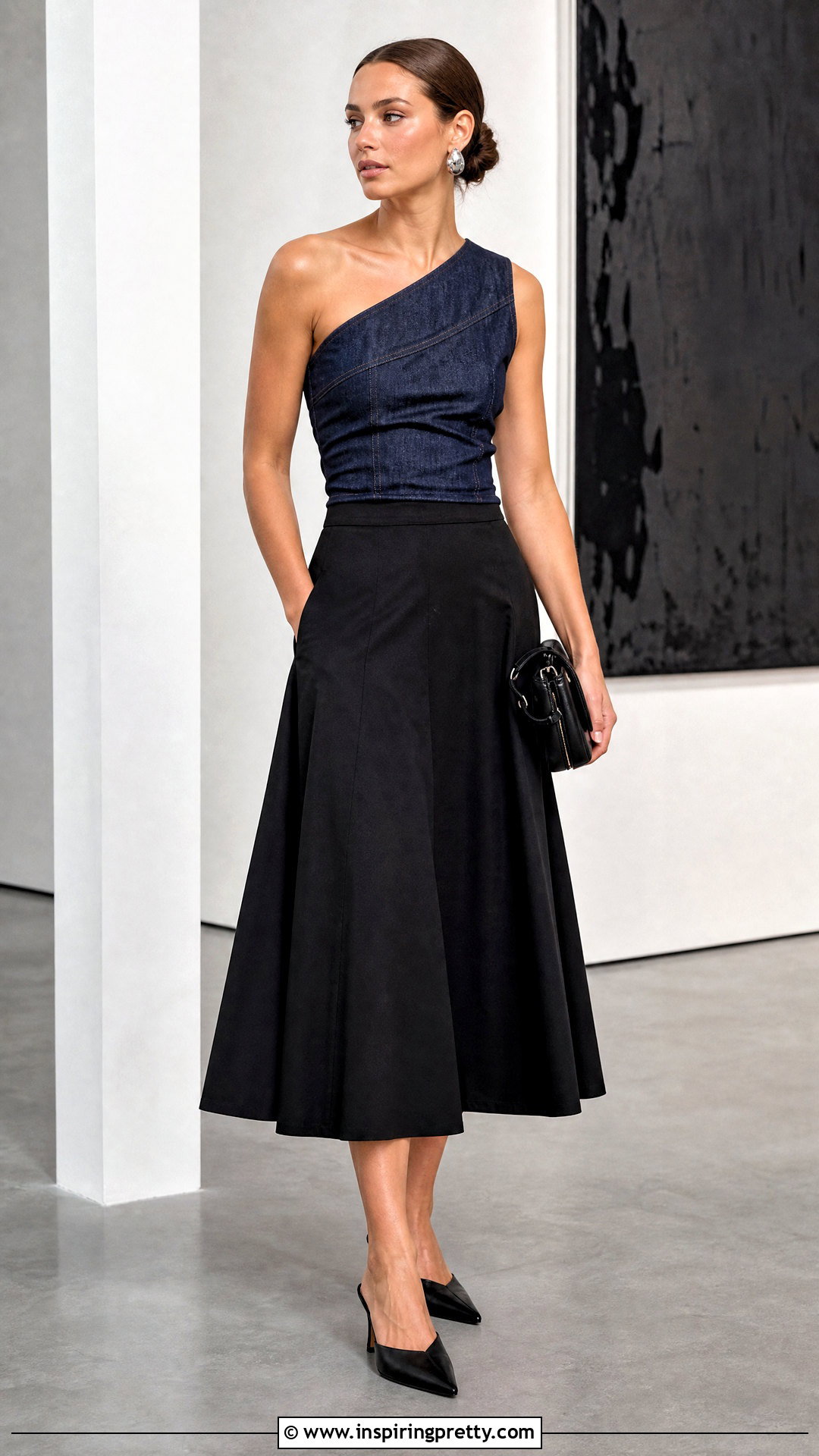 Dark Denim One Shoulder Top With Black Skirt - 50 dark denim top outfit ideas