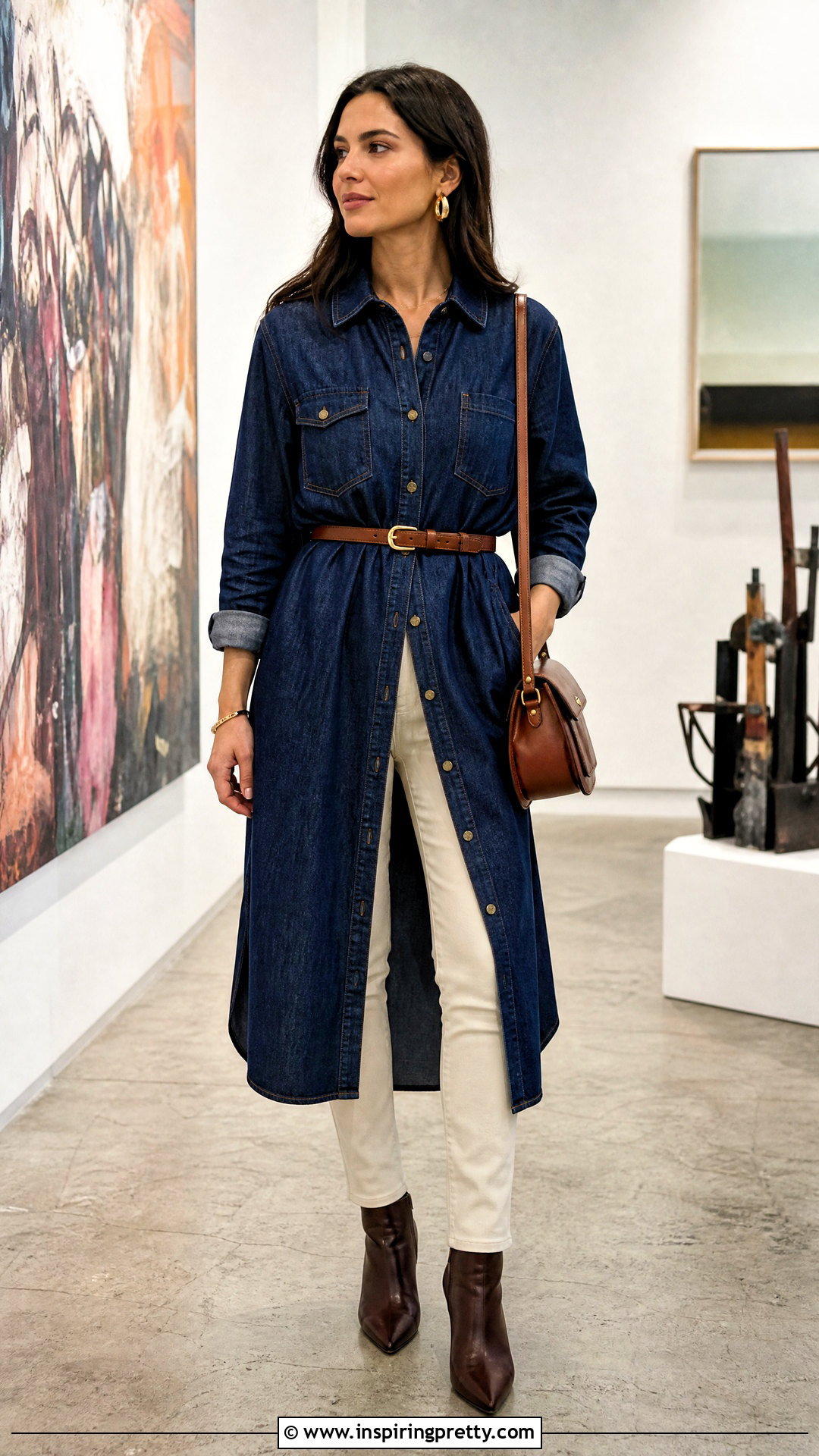 Dark Denim Shirt Dress Over Pants - 50 dark denim top outfit ideas