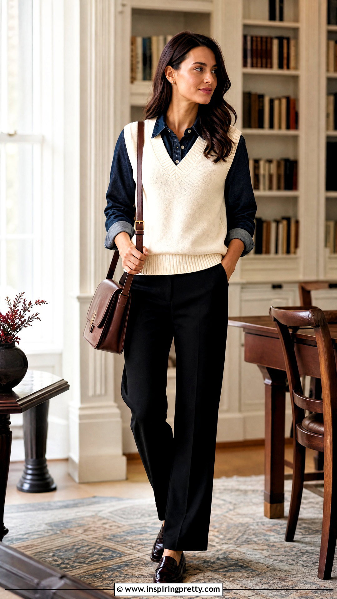 Dark Denim Shirt Under A Sweater Vest - 50 dark denim top outfit ideas