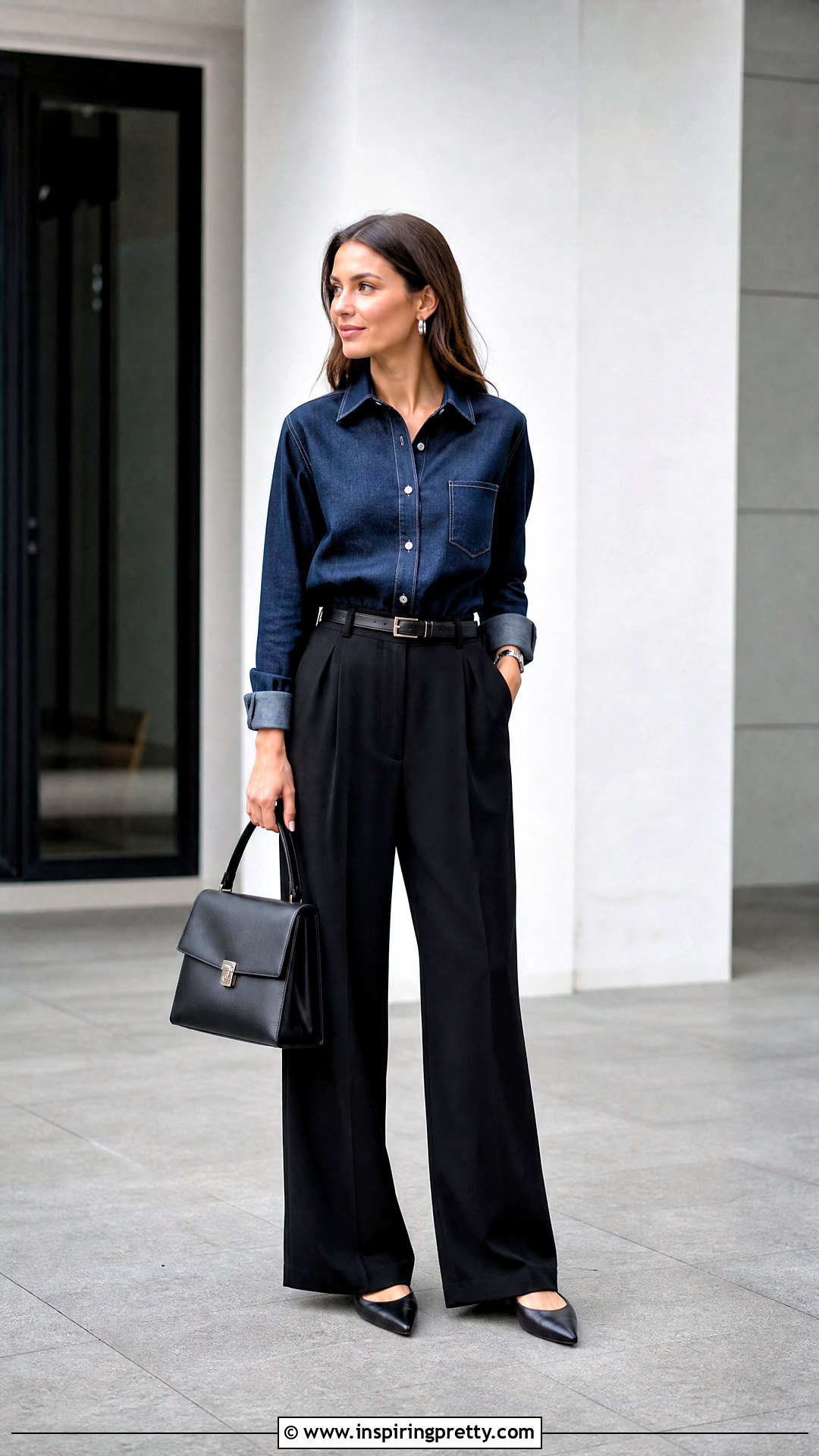 Dark Denim Shirt With Black Trousers - 50 dark denim top outfit ideas