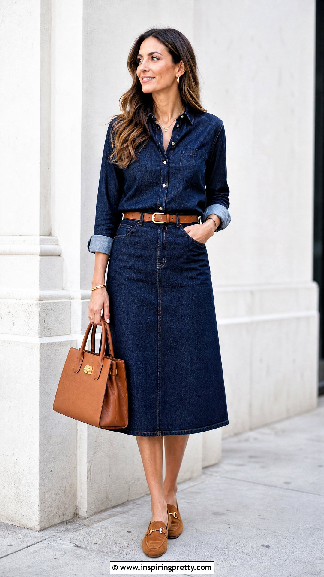 Dark Denim Shirt With Denim Midi Skirt - 50 dark denim top outfit ideas