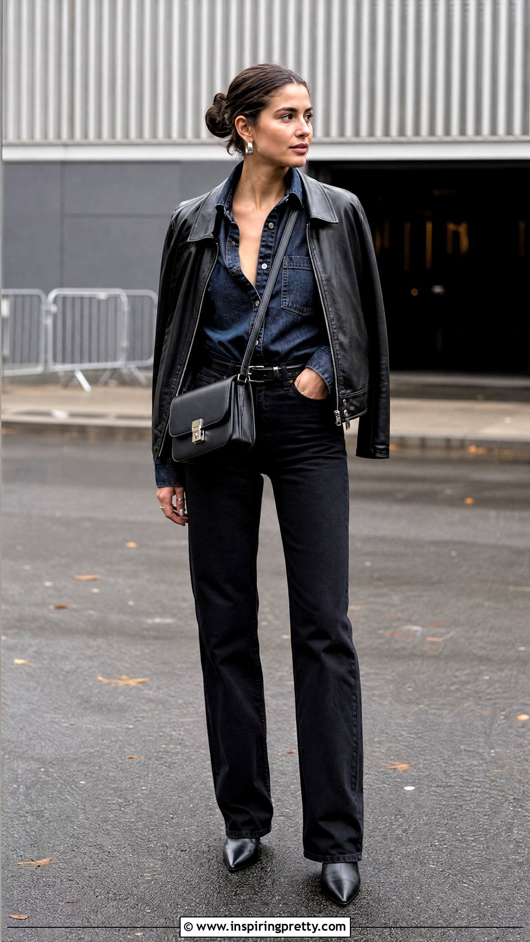 Dark Denim Shirt With Leather Jacket - 50 dark denim top outfit ideas