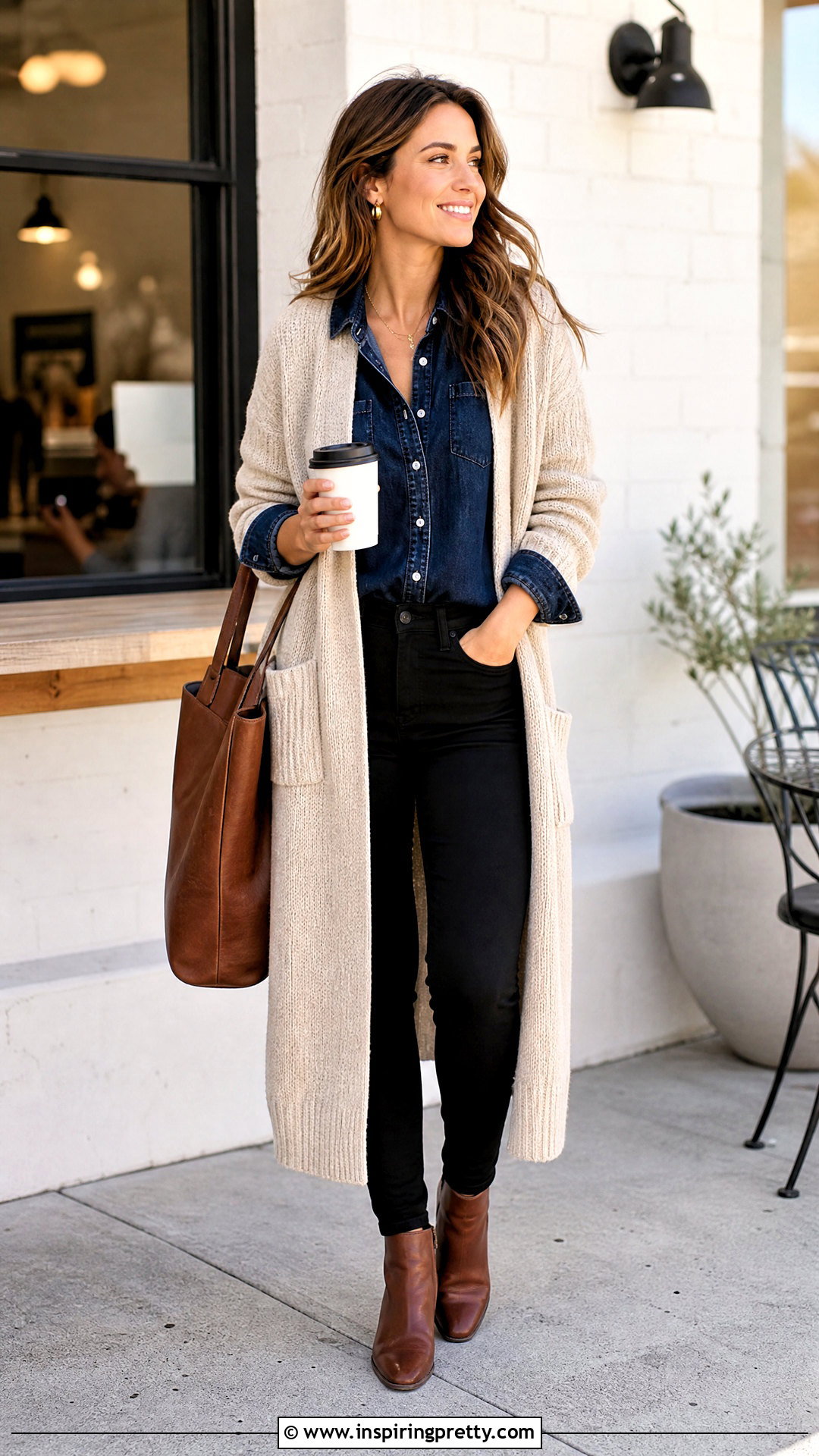 Dark Denim Shirt With Long Cardigan - 50 dark denim top outfit ideas
