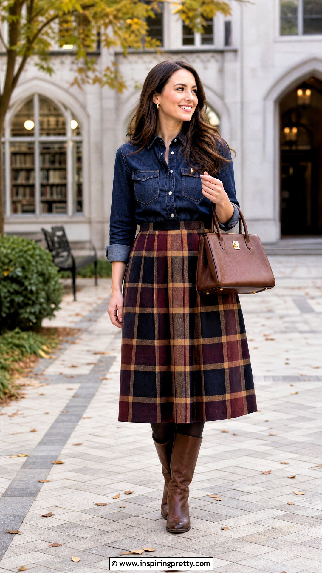 Dark Denim Shirt With Plaid Skirt - 50 dark denim top outfit ideas