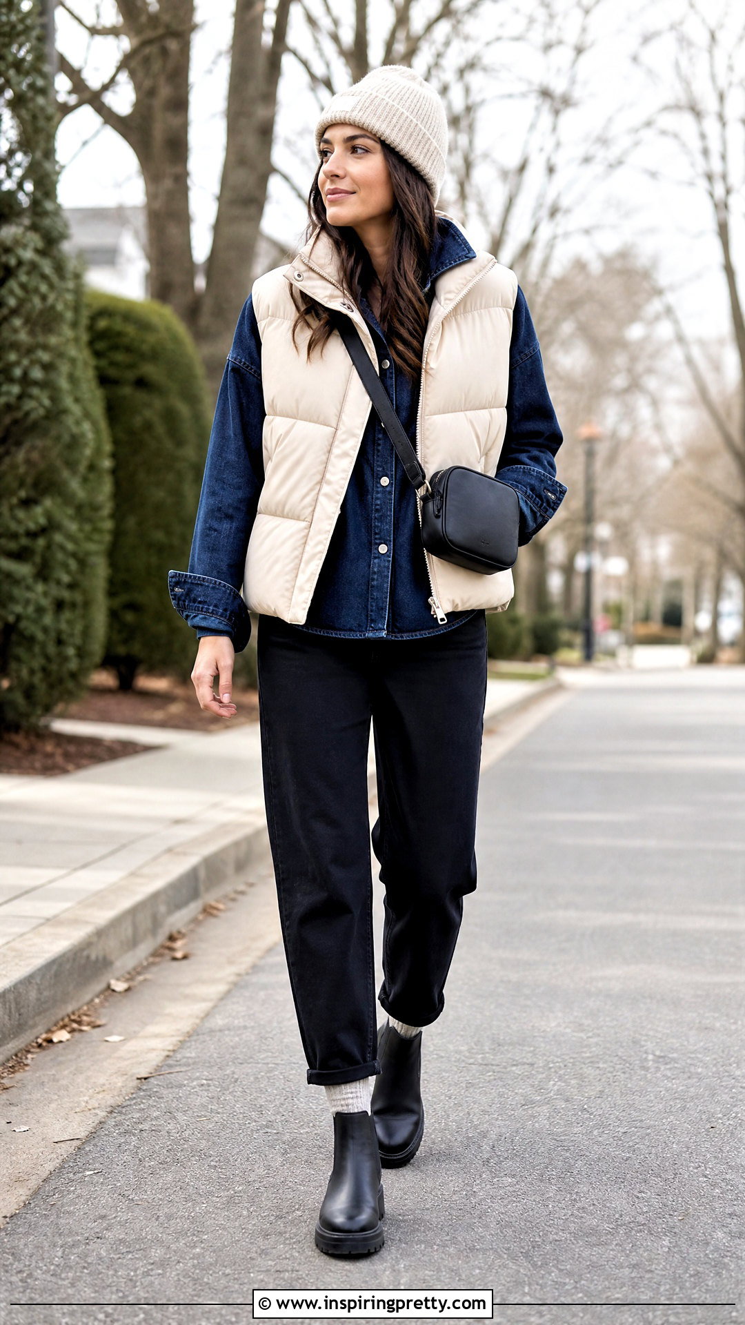 Dark Denim Shirt With Puffer Vest - 50 dark denim top outfit ideas