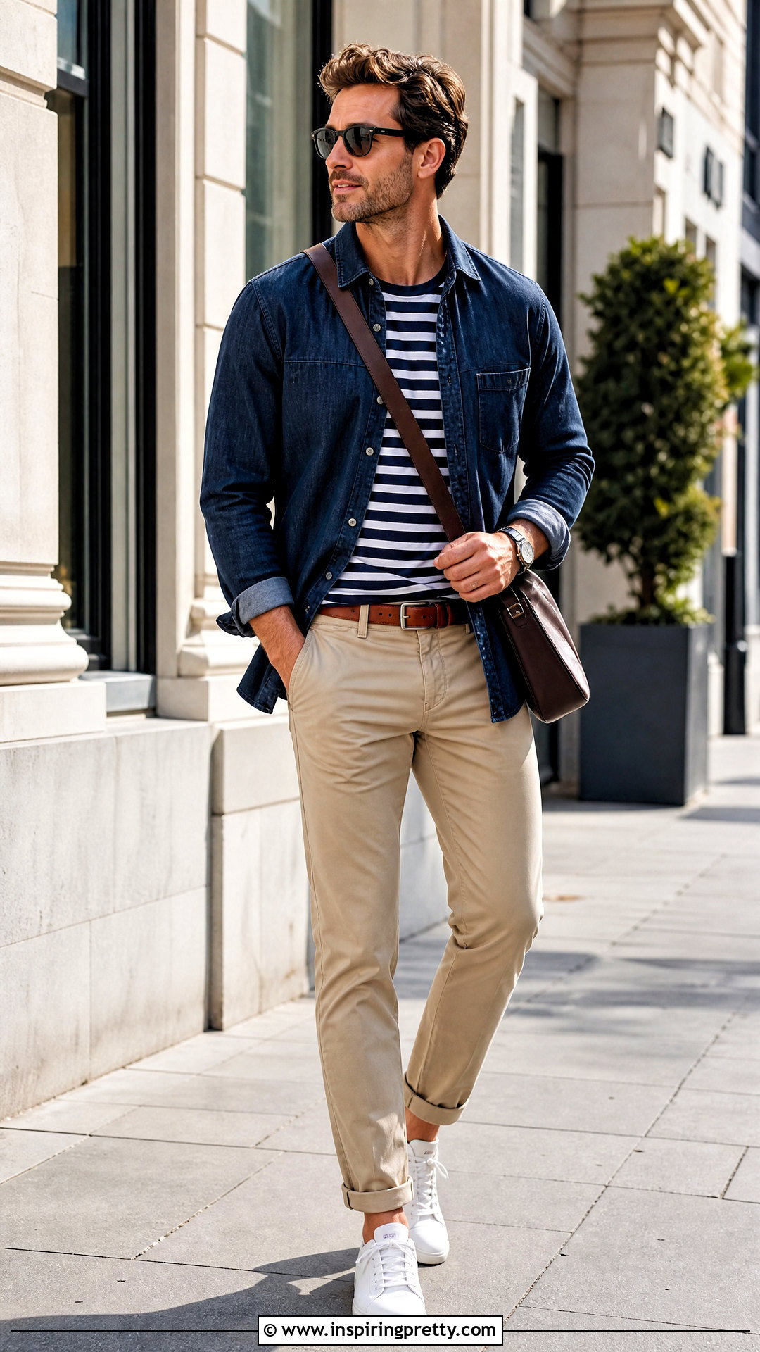 Dark Denim Shirt With Striped T Shirt And Chinos - 50 dark denim top outfit ideas